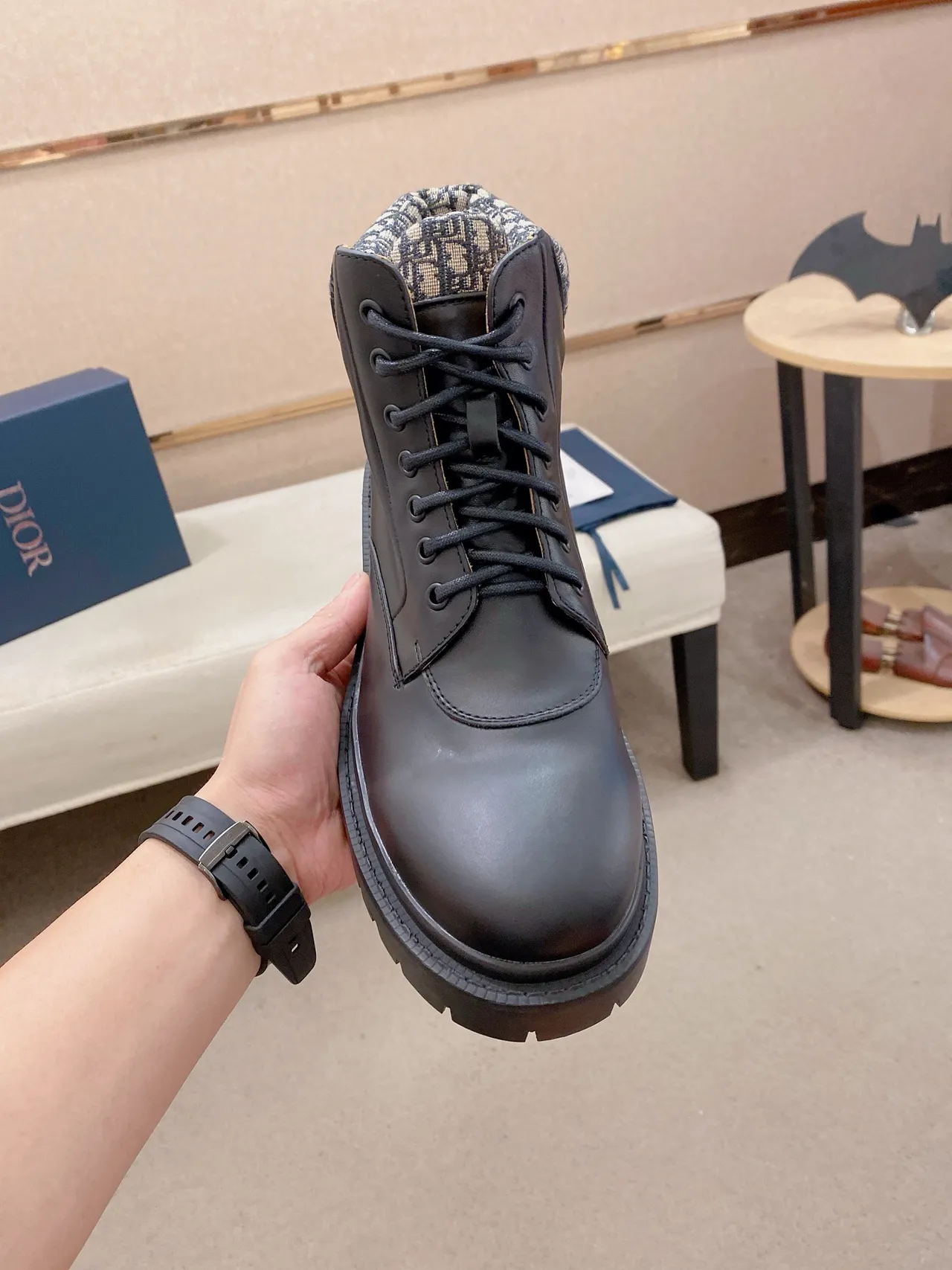 Dior Black Beige Leather Upper Lug Sole Ankle Boots
