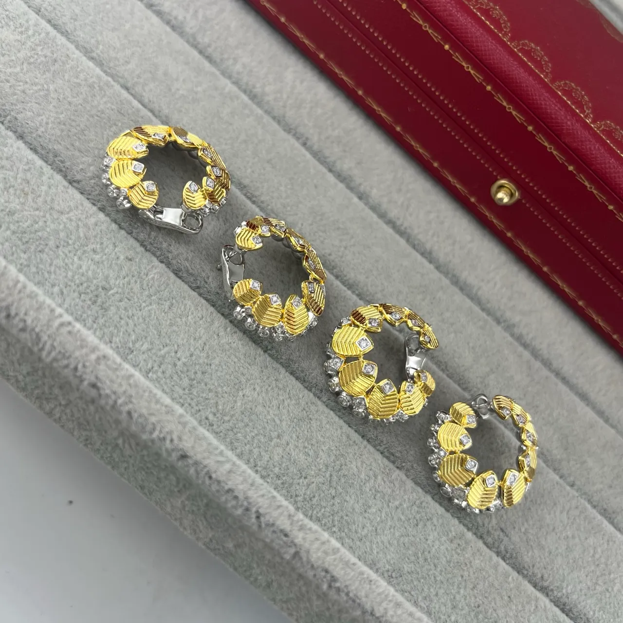 Cartier Gold Silver Textured Segmented Hoops Pavé-Set Diamonds Earrings
