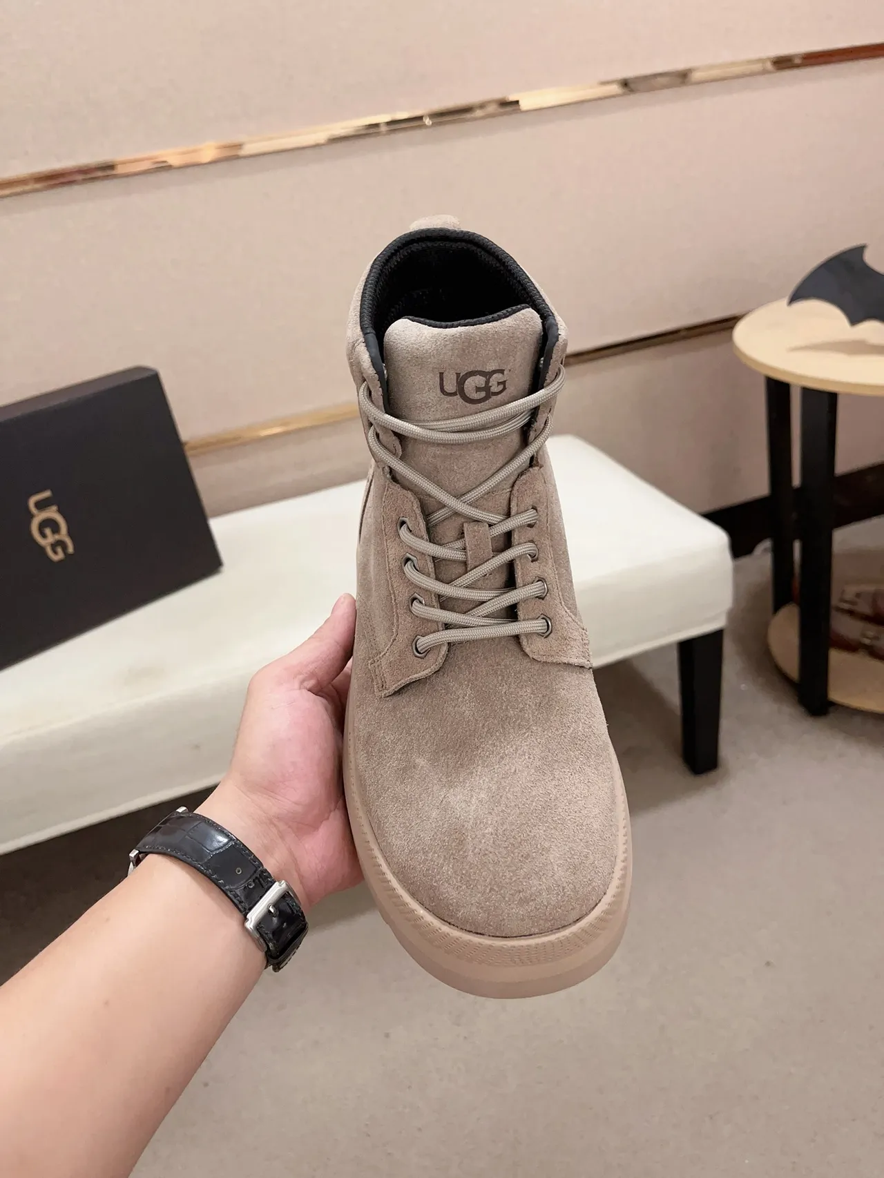 UGG Gray Beige Suede Upper Lace-Up Front Work Boots