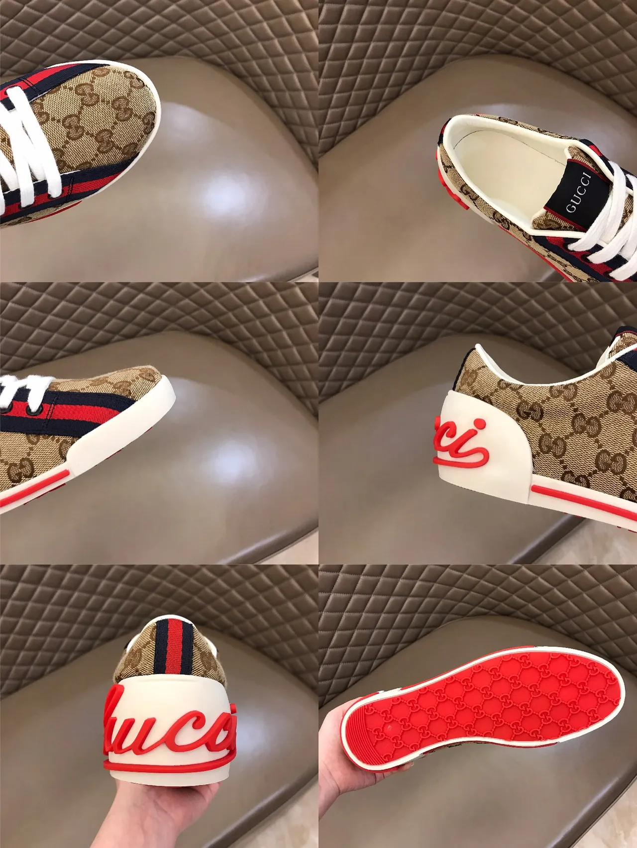 Gucci Screener Beige GG Monogram Web Stripe Lifestyle Sneakers