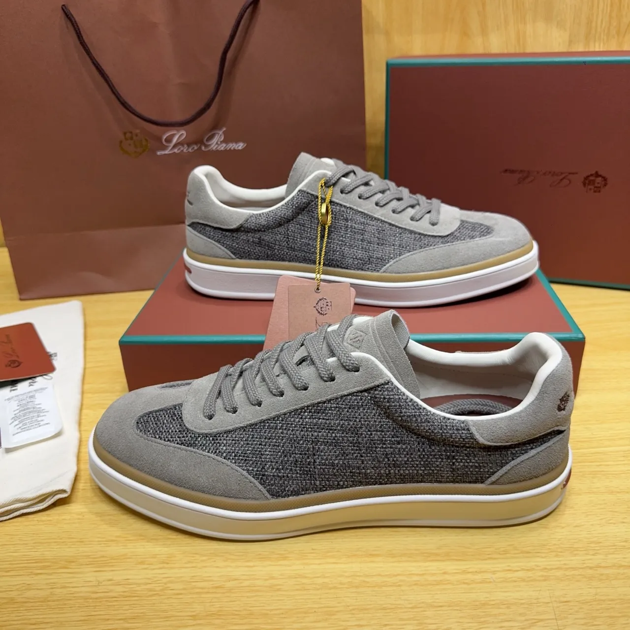 Loro Piana Gray Suede and Woven Textile Low-Top Lifestyle Sneakers