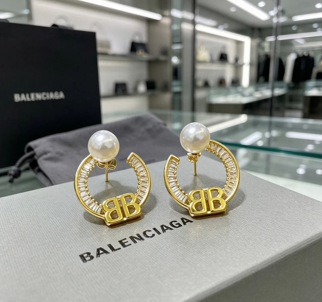 Balenciaga BB Hoop Pearl and Crystal Earrings