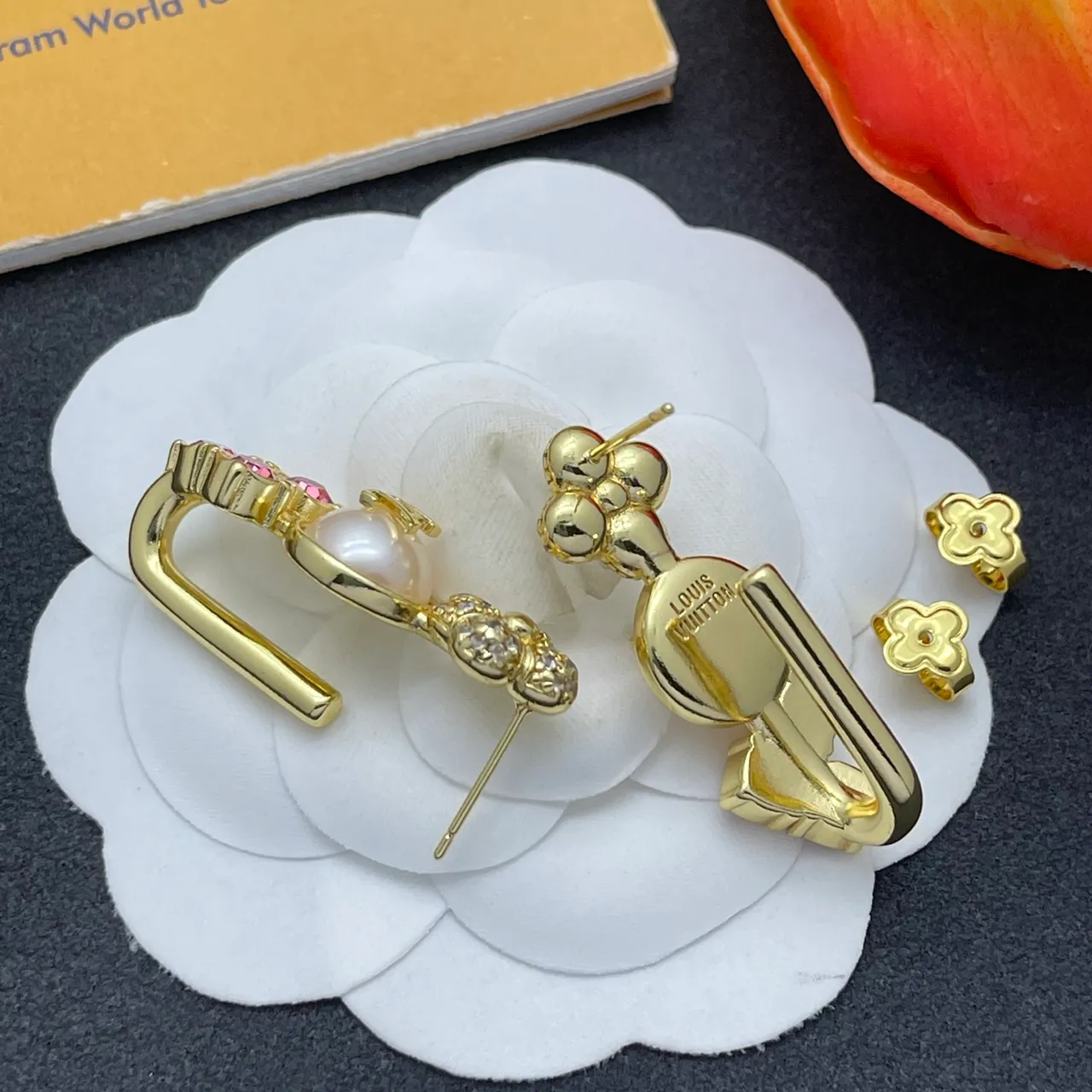 Louis Vuitton Gold Pink Floral-Top Pearl-Drop Earrings