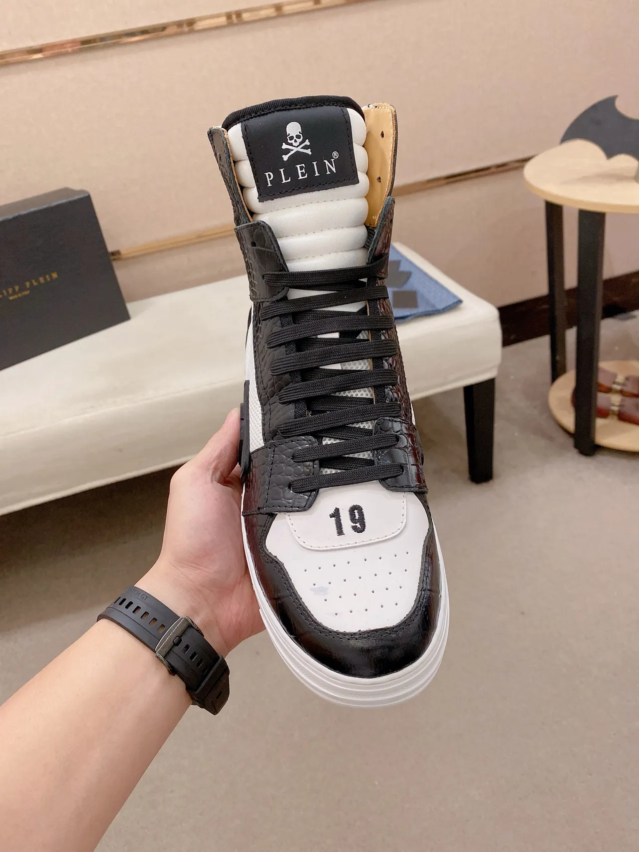 Philipp Plein Black White High-Top Crocodile-Embossed Leather Sneakers