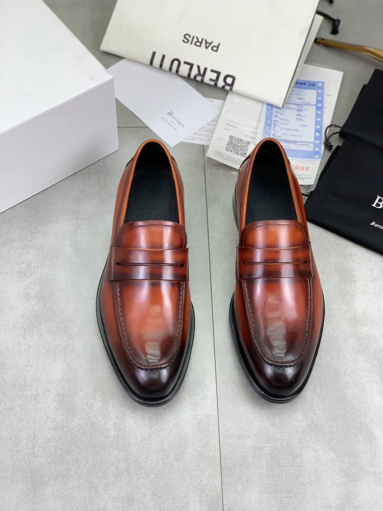BERLUTI Brown Black Burnished Leather Penny Strap Loafer