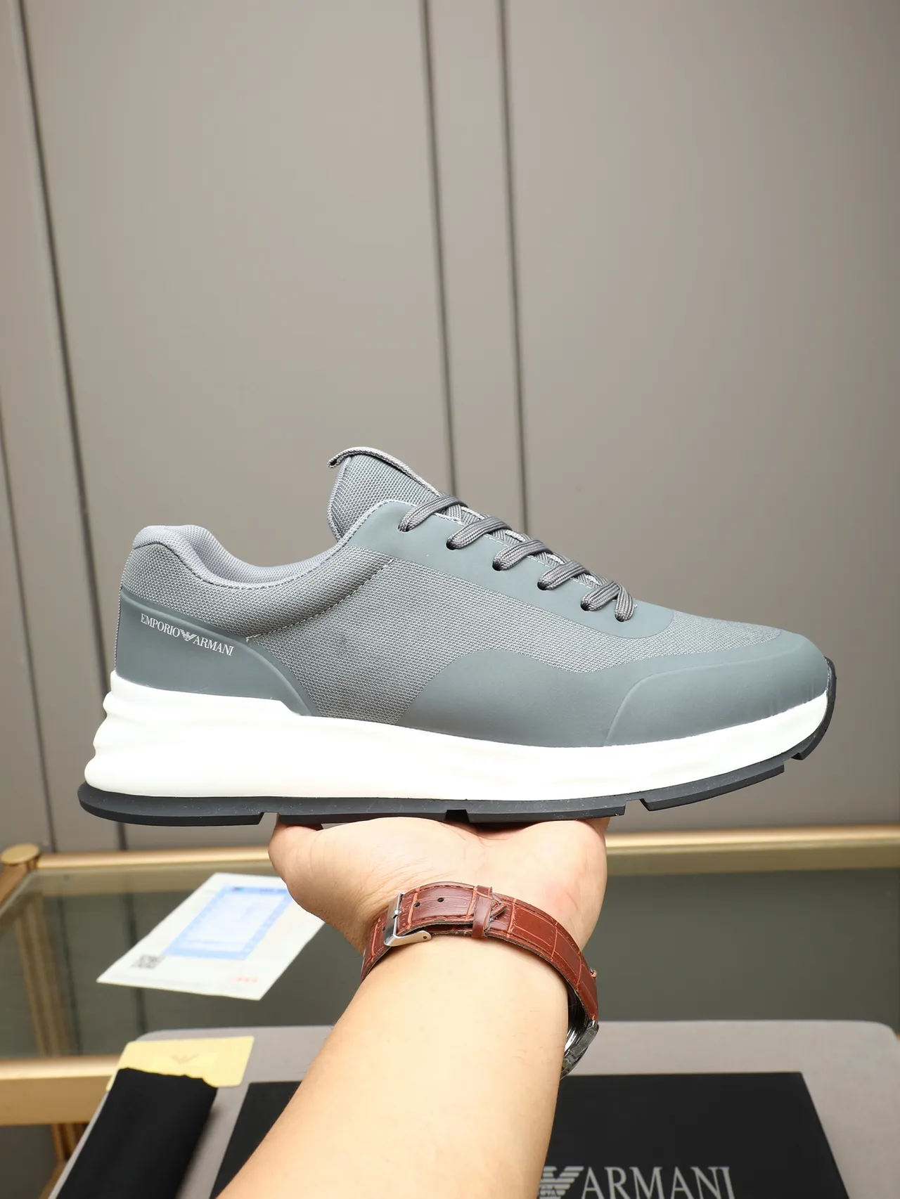 Emporio Armani Gray Mesh and Synthetic Lifestyle Sneaker