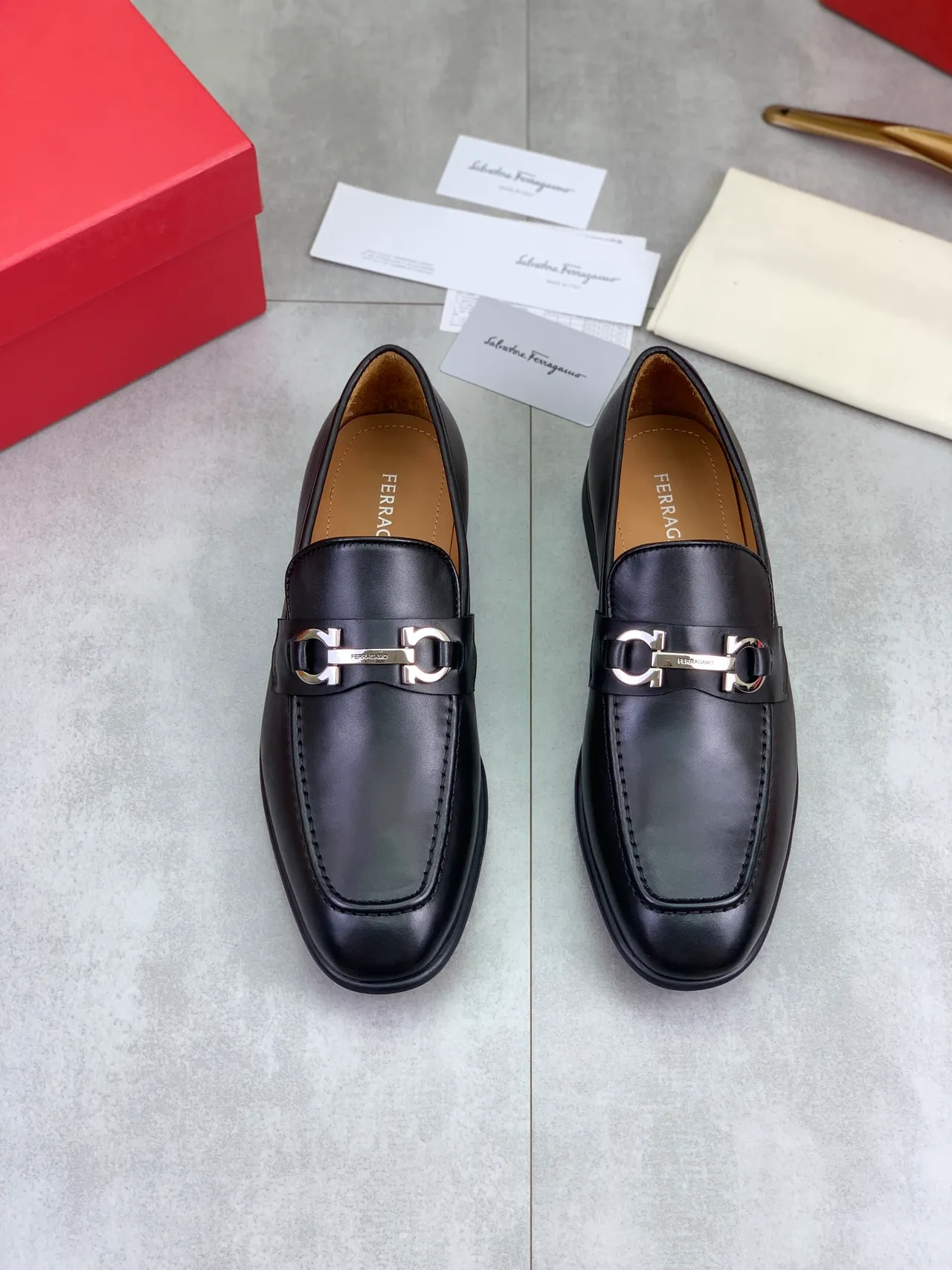 Salvatore Ferragamo Gancini Loafer Black Leather Square Toe Loafers