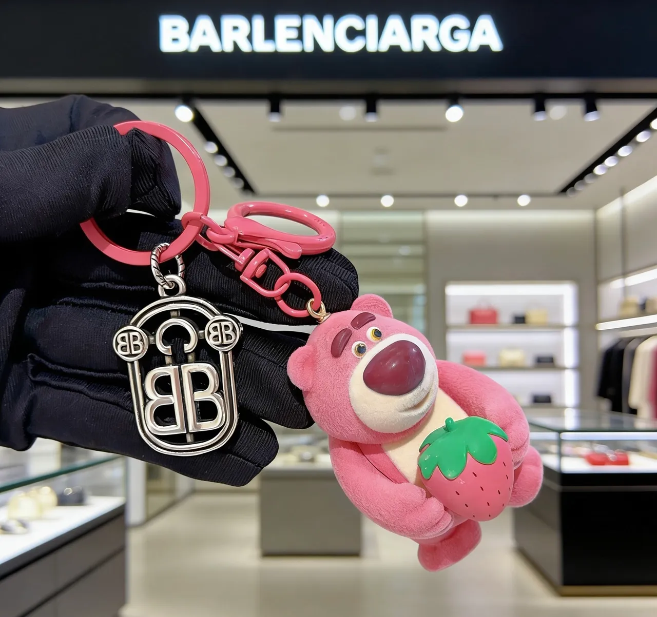 Pink Green Plush Bear Figure Holding Strawberry Phone Accessory