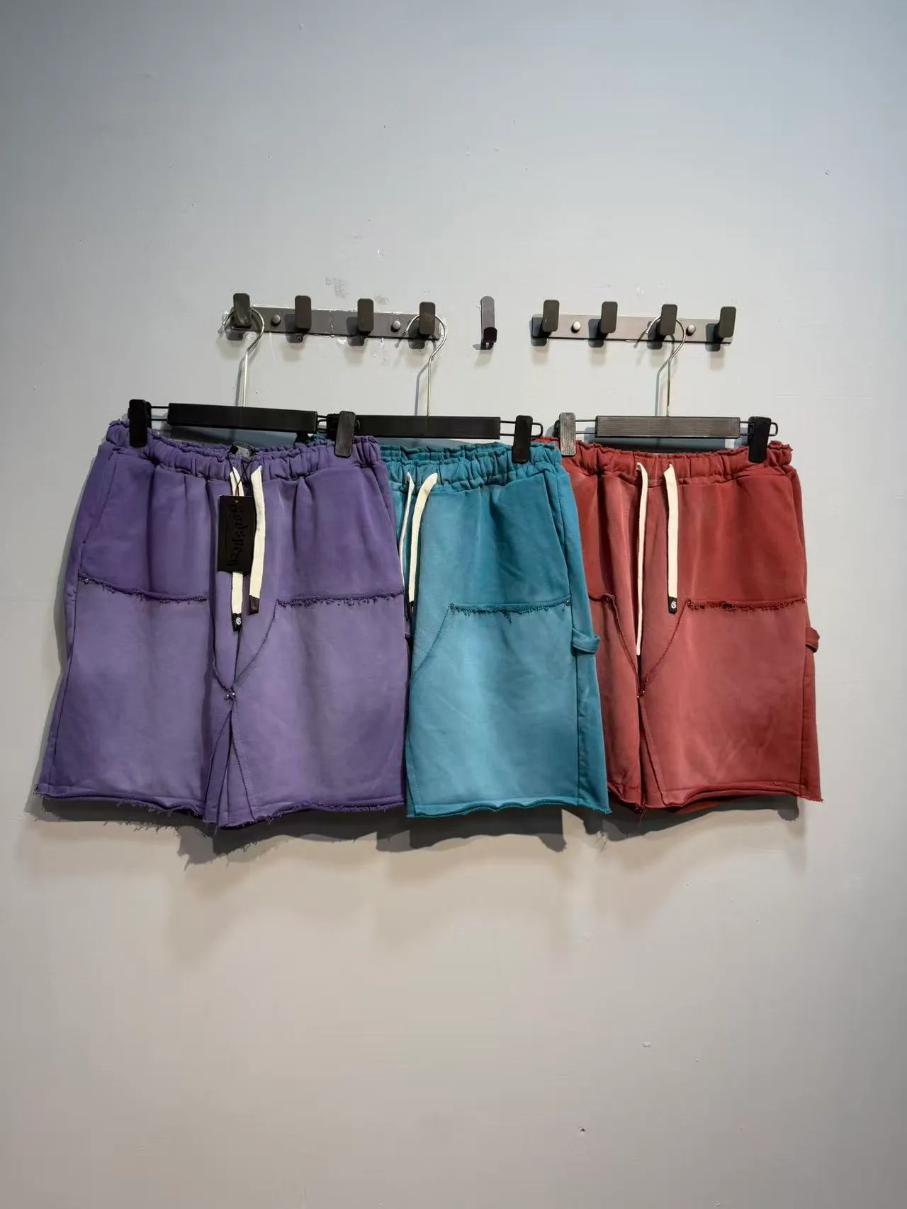 Purple Blue Elastic Waist Patch Pockets Shorts