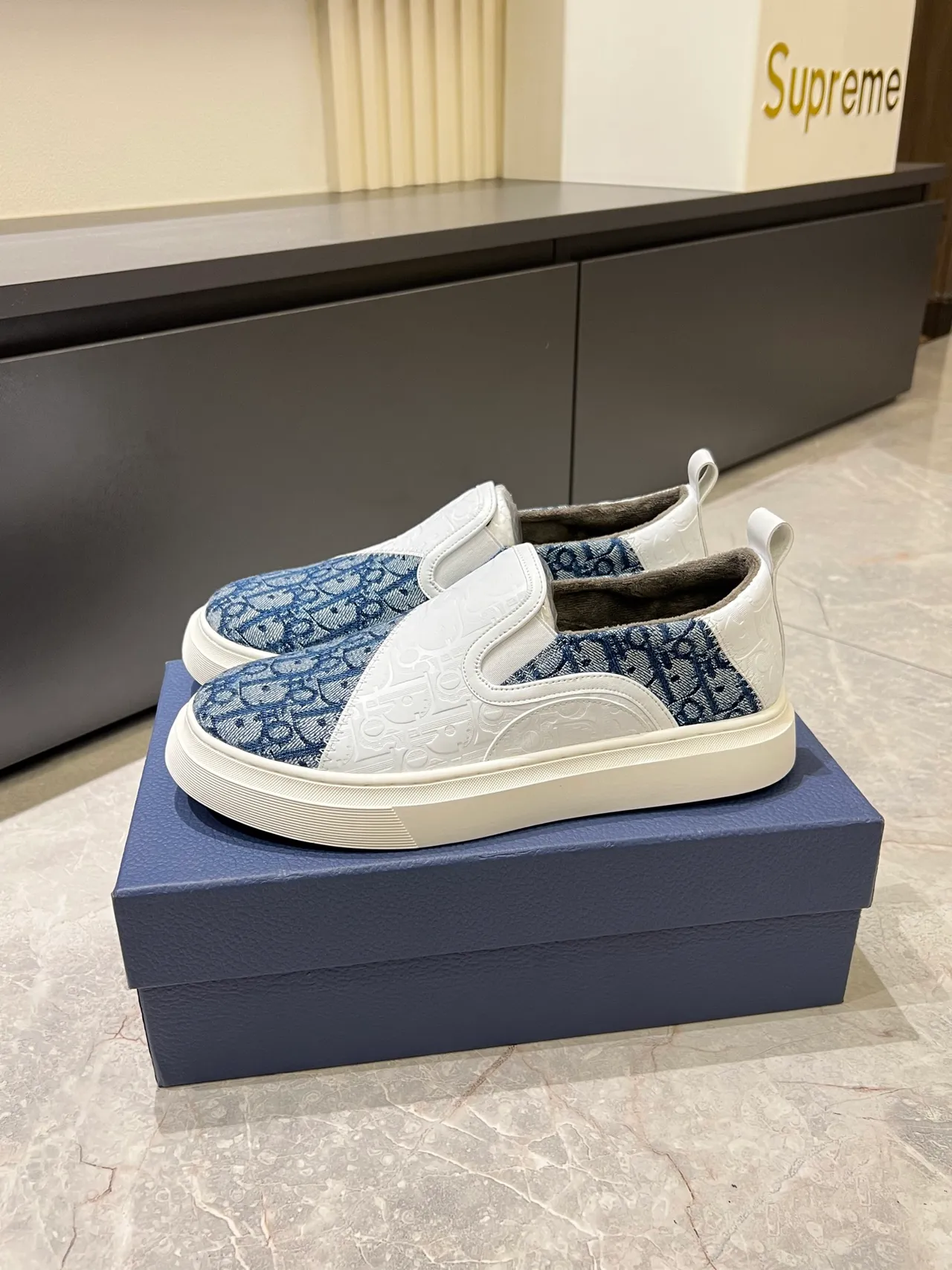 Dior White Navy Slip-On Embossed Leather Lifestyle Sneakers