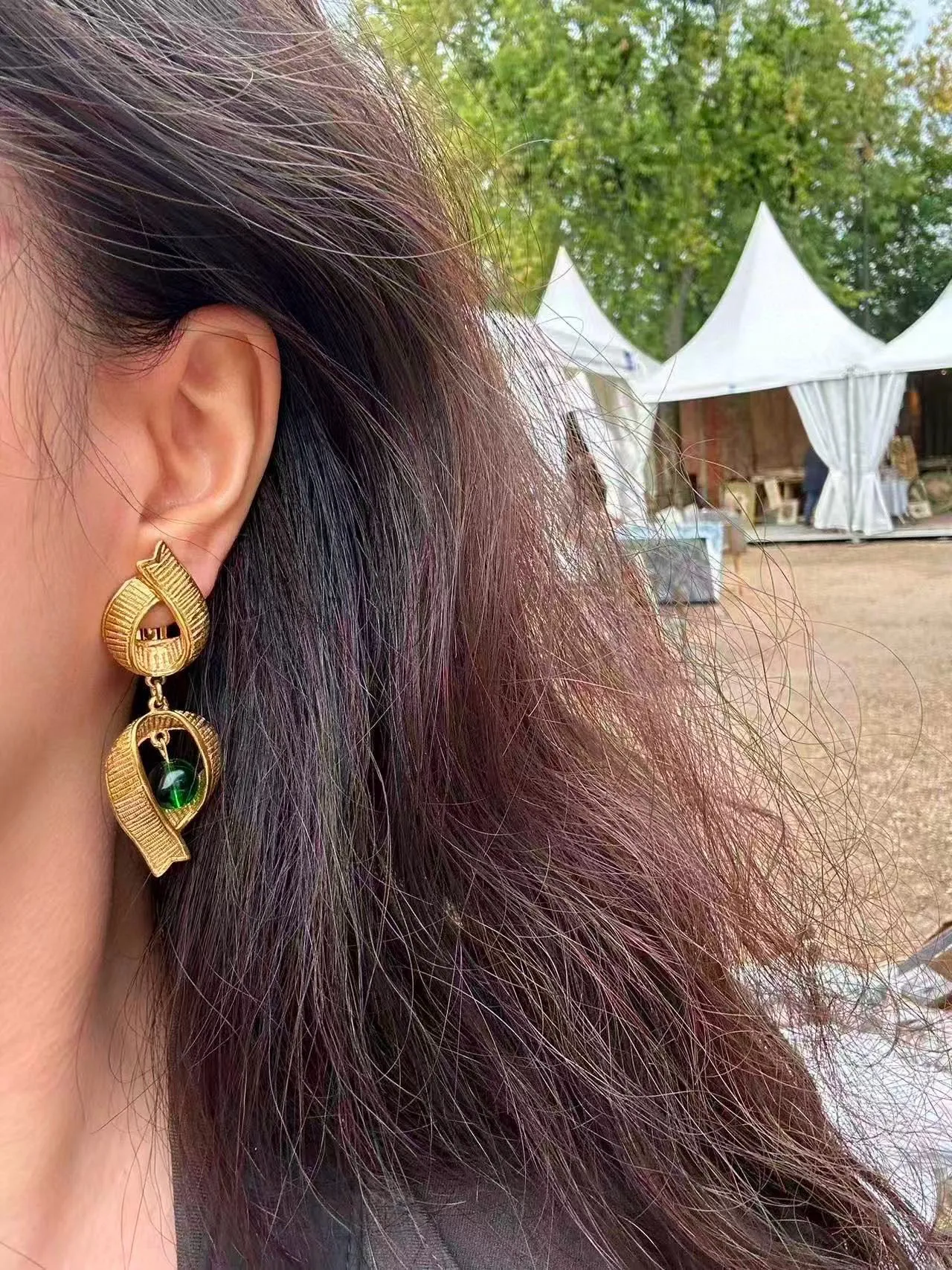 Saint Laurent Gold Green Textured Finish Asymmetrical Ribbon-Like Frame Earrings