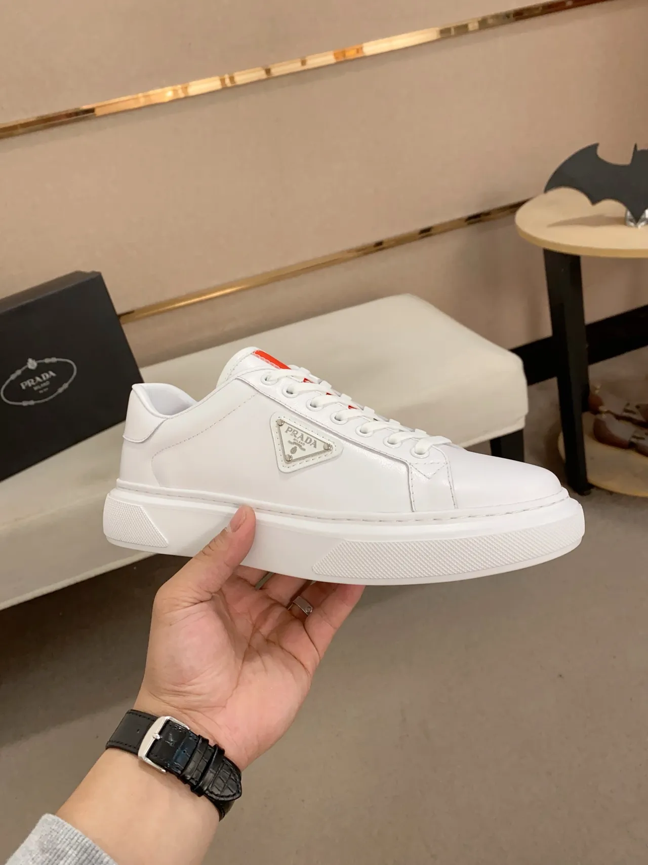 Prada Cloudbust White Red Leather Triangular Logo Plaque Lifestyle Sneakers