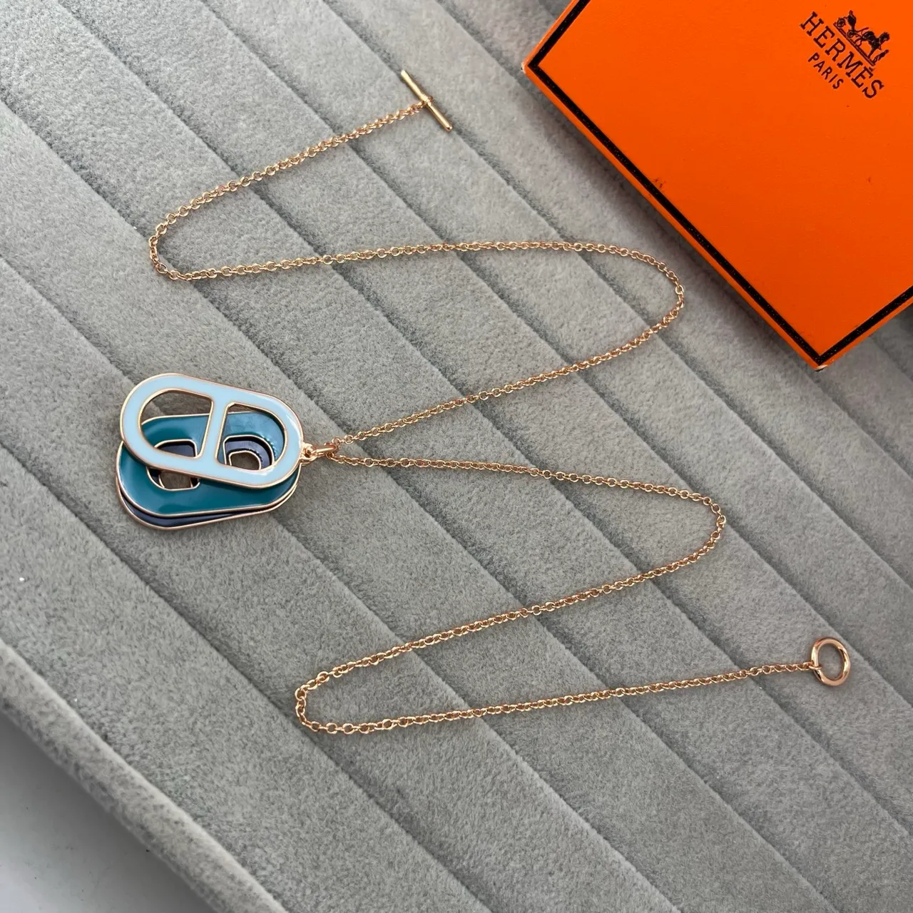 Hermès Chaine d'Ancre Blue Navy Enamel Layered Pendant Double-Loop Anchor Motif Necklace