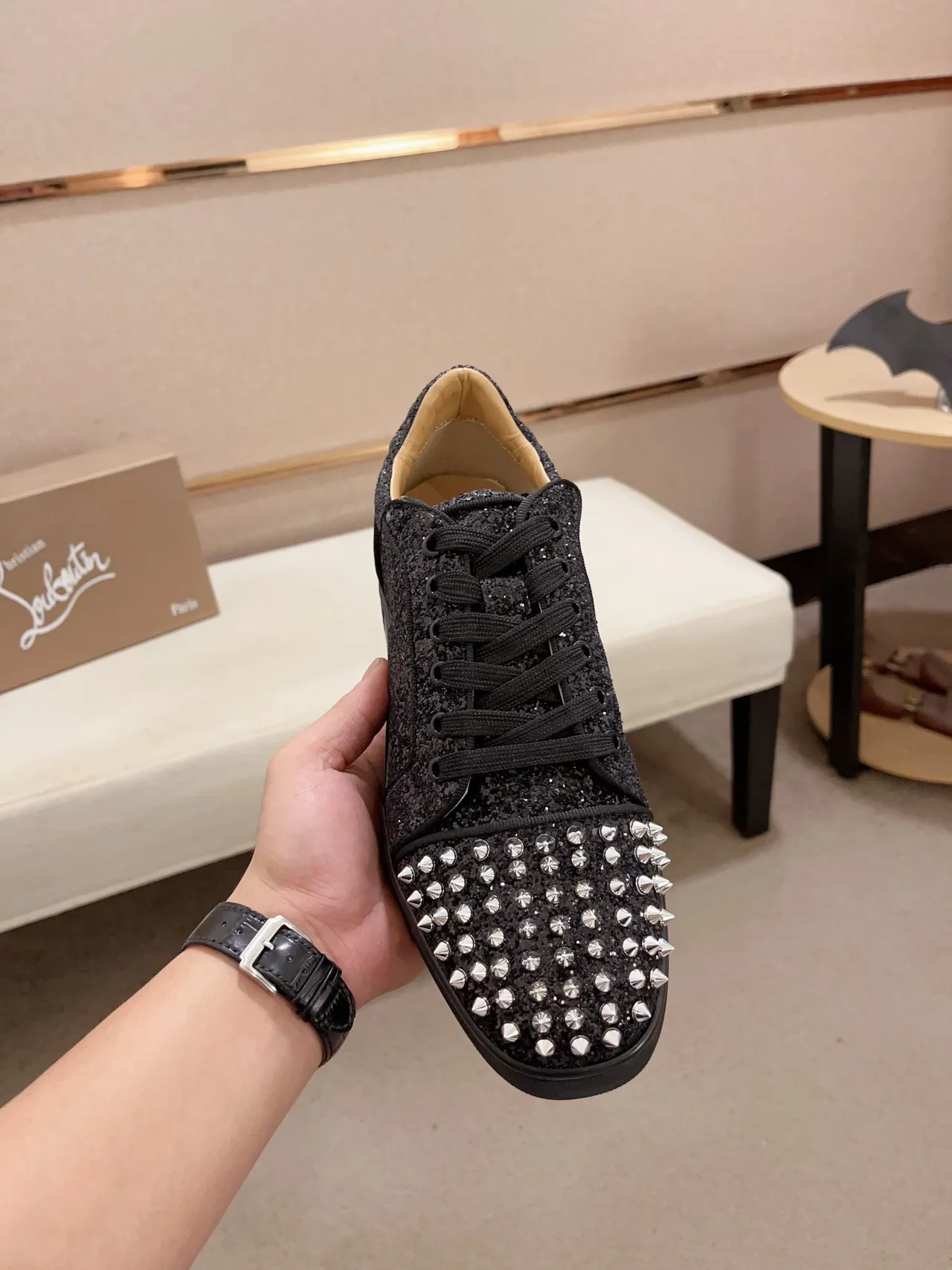 Christian Louboutin Black Silver Glitter Upper Spiked Toe Cap Lifestyle Sneakers