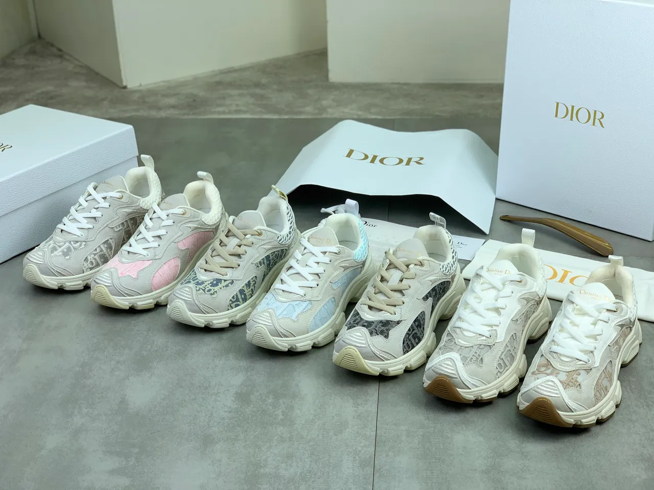 Dior Gray Pink Sole Jacquard Panels Chunky Sneakers