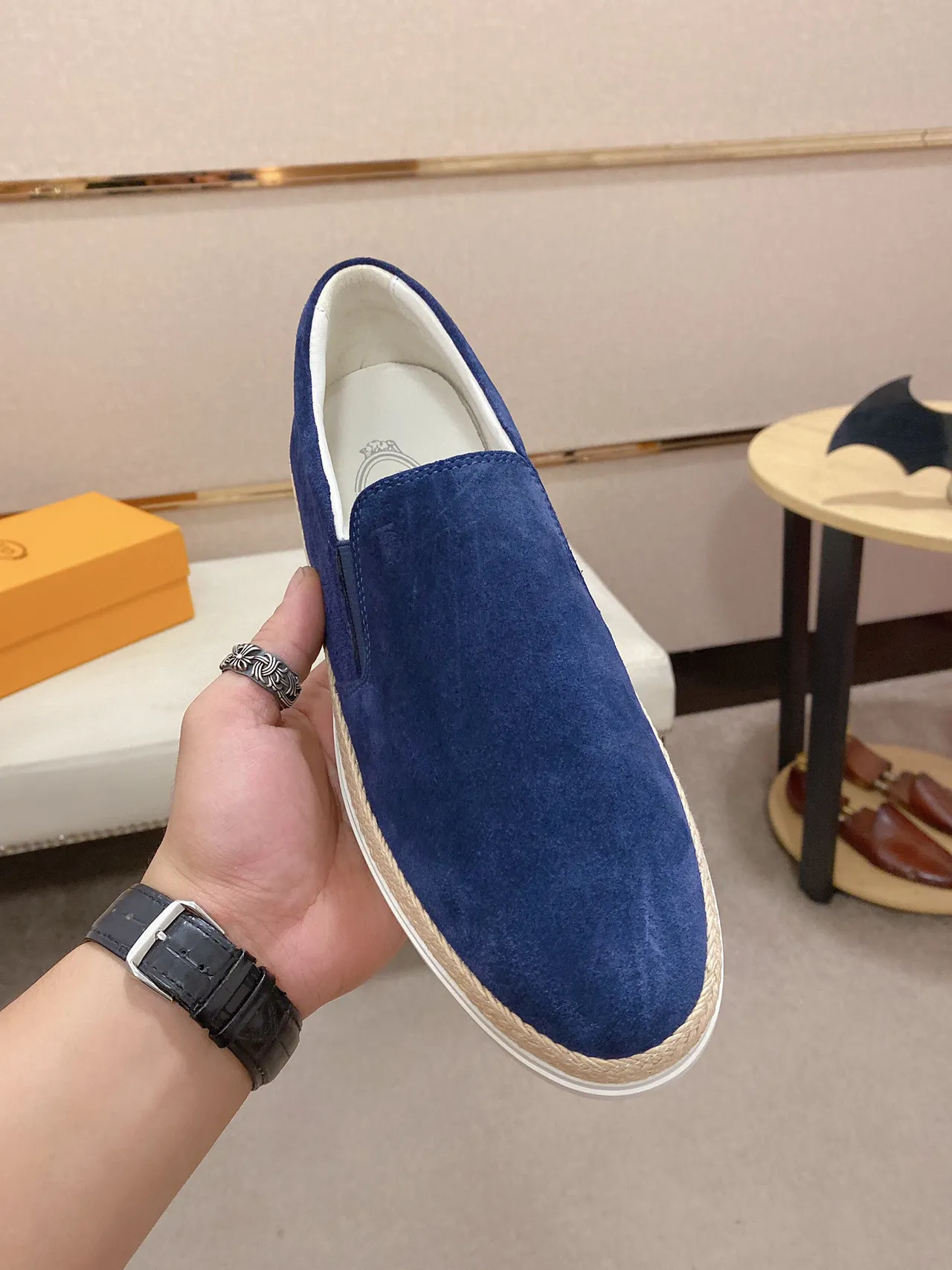 Blue Beige Suede Upper Espadrille Sole Boat Shoes