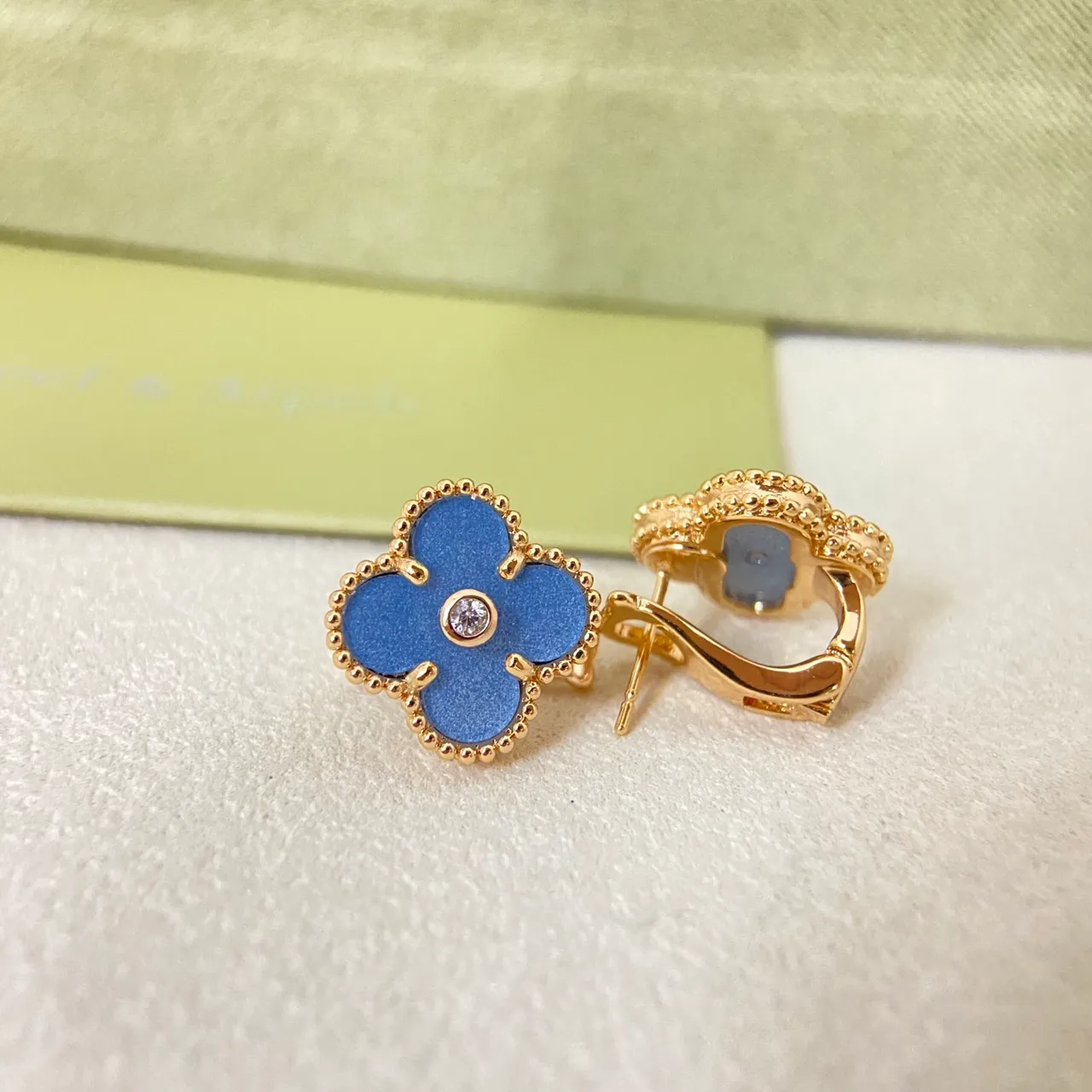 Van Cleef & Arpels Alhambra Blue Enamel and Diamond Four-Leaf Clover Earrings