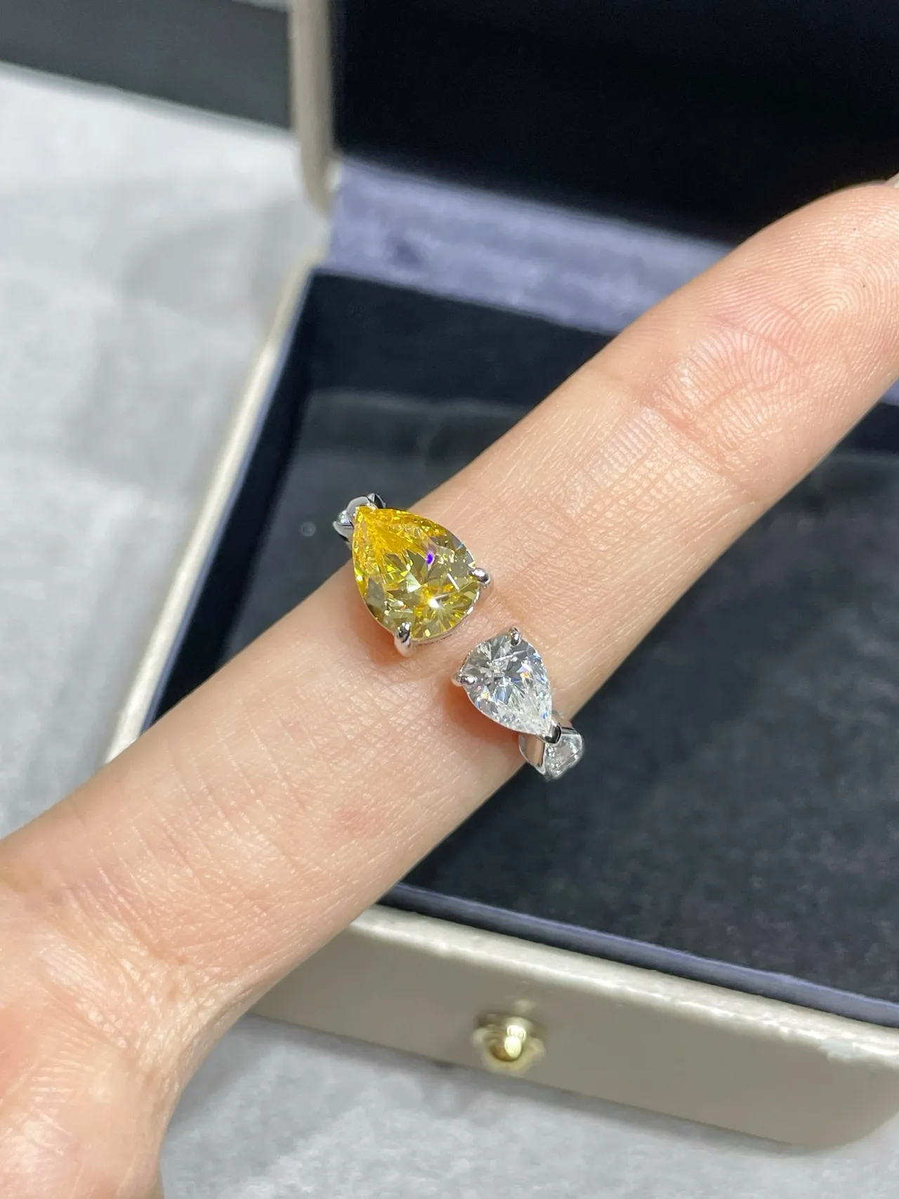 Yellow and Clear Pear-Cut Dual-Stone Asymmetrical Rings