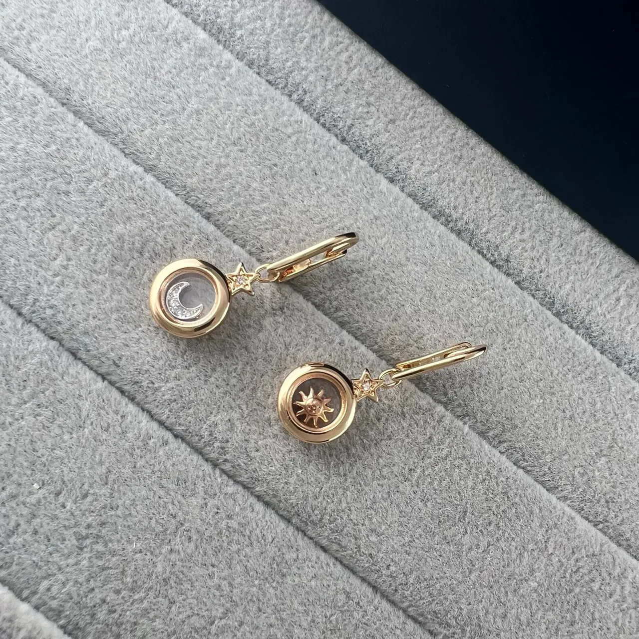 Sun and Moon Motif Crystal Dome Lever-Back Earrings