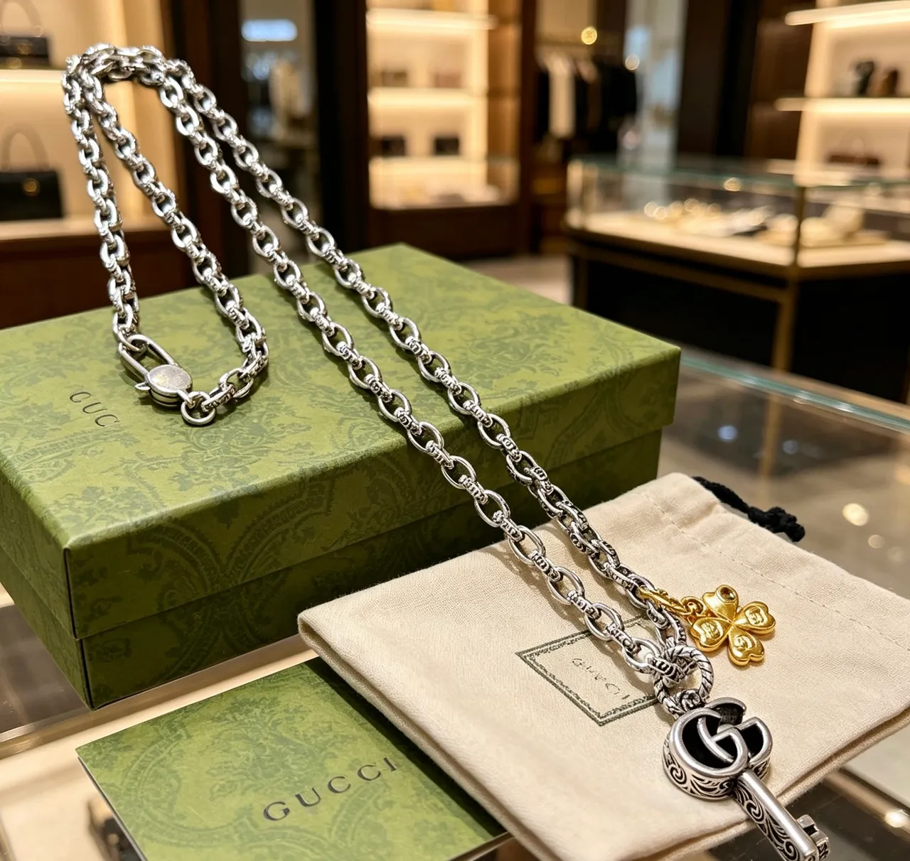 Gucci Silver Gold Oxidized Chain Engraved GG Key Pendant Necklace