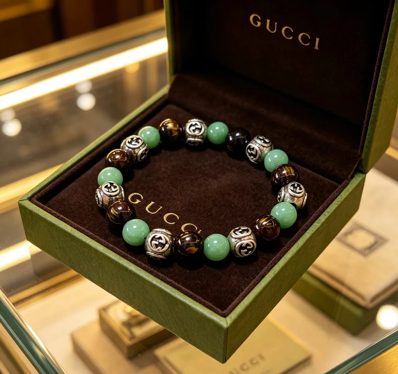 Gucci Green Brown Beaded Spherical Stone Beads Bracelet