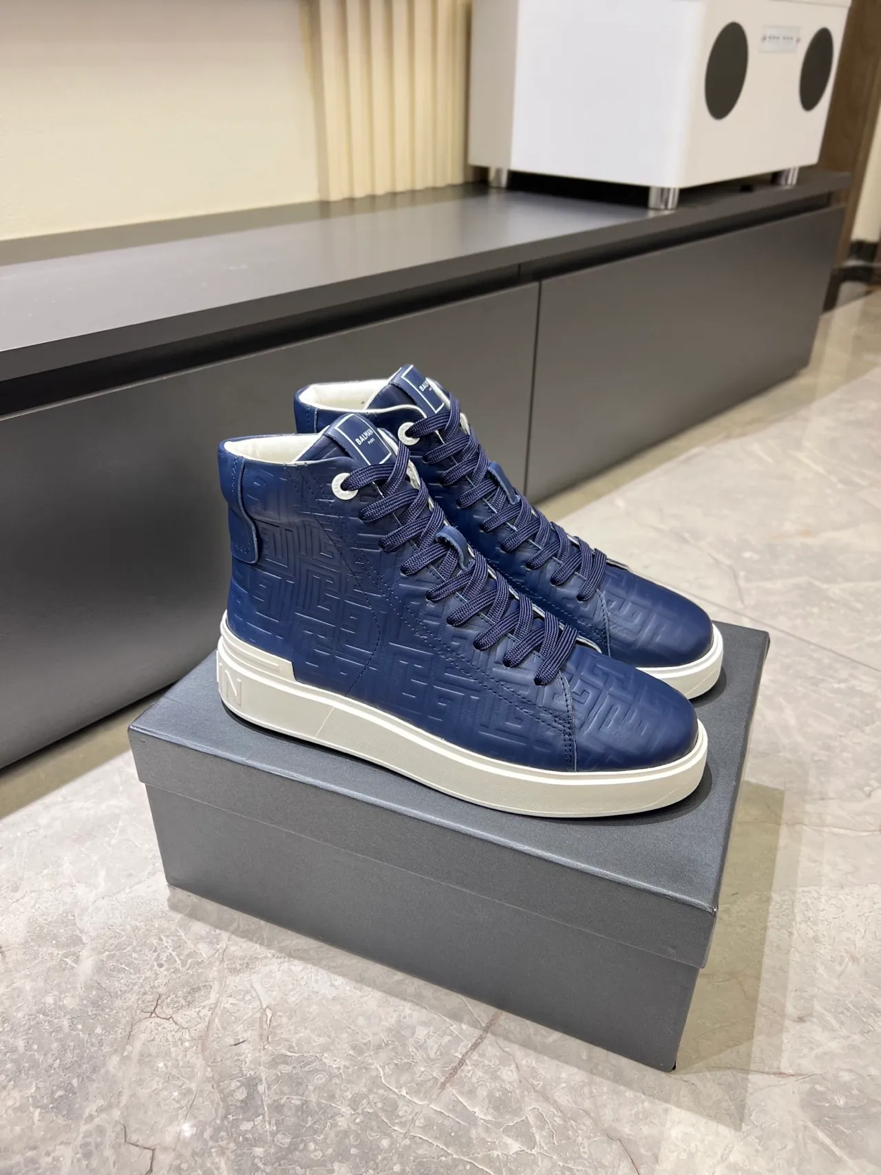 Balmain Navy White High-Top Embossed Geometric Pattern Lifestyle Sneakers