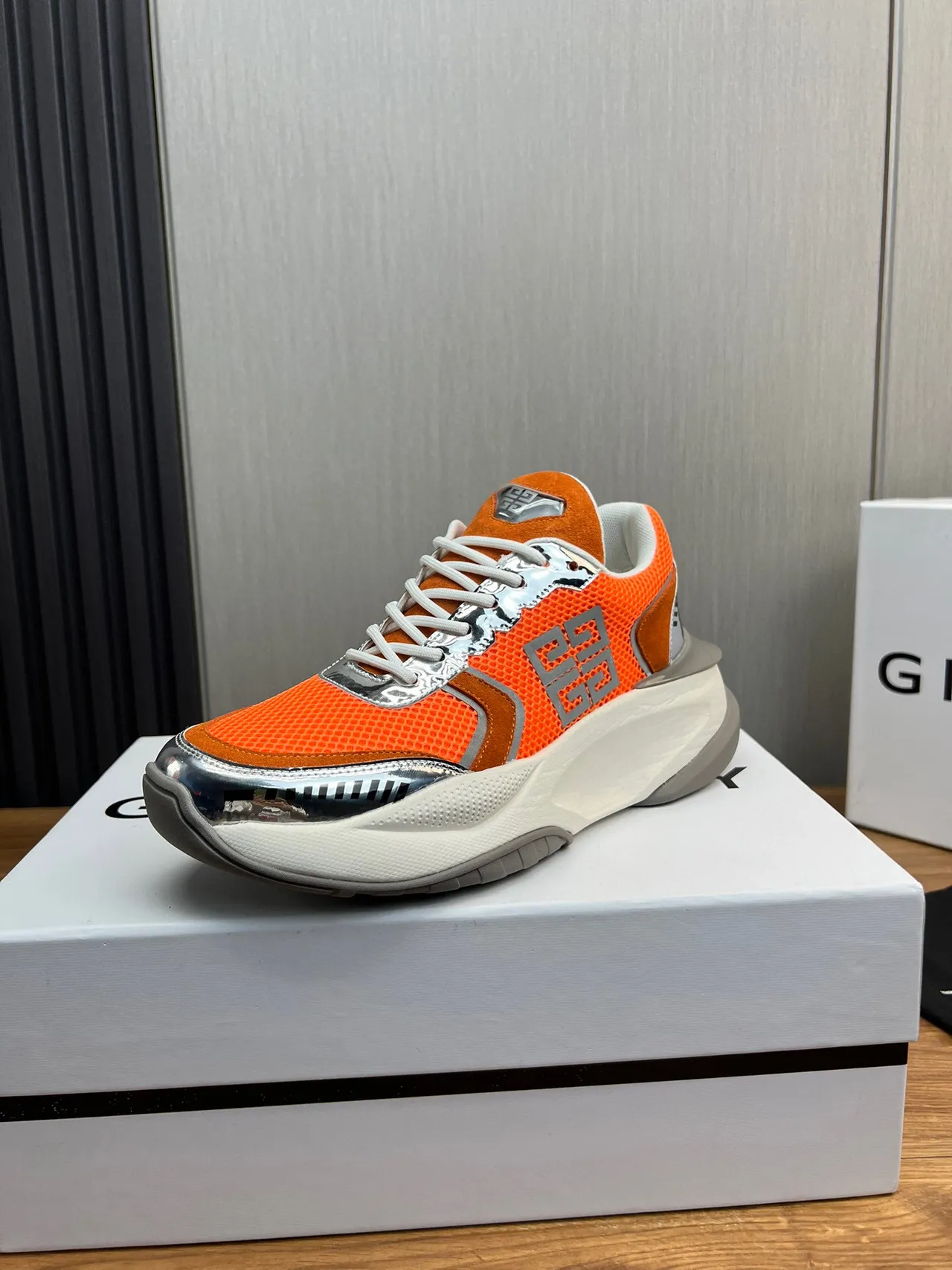 Givenchy Orange Silver Sole Mesh And Suede Upper Chunky Sneakers