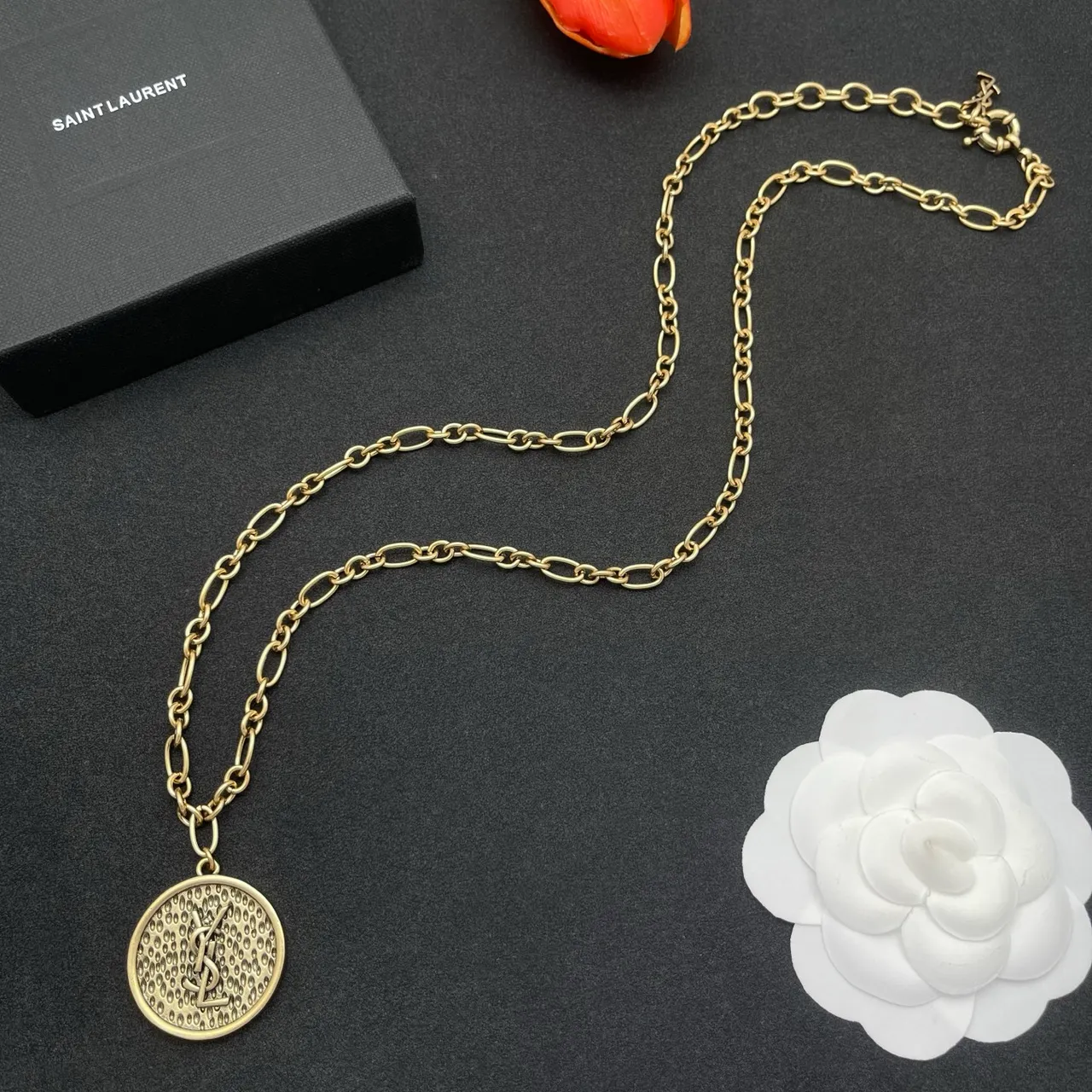 Saint Laurent Gold Silver Chunky Oval-Link Chain Circular Textured Pendant Necklace