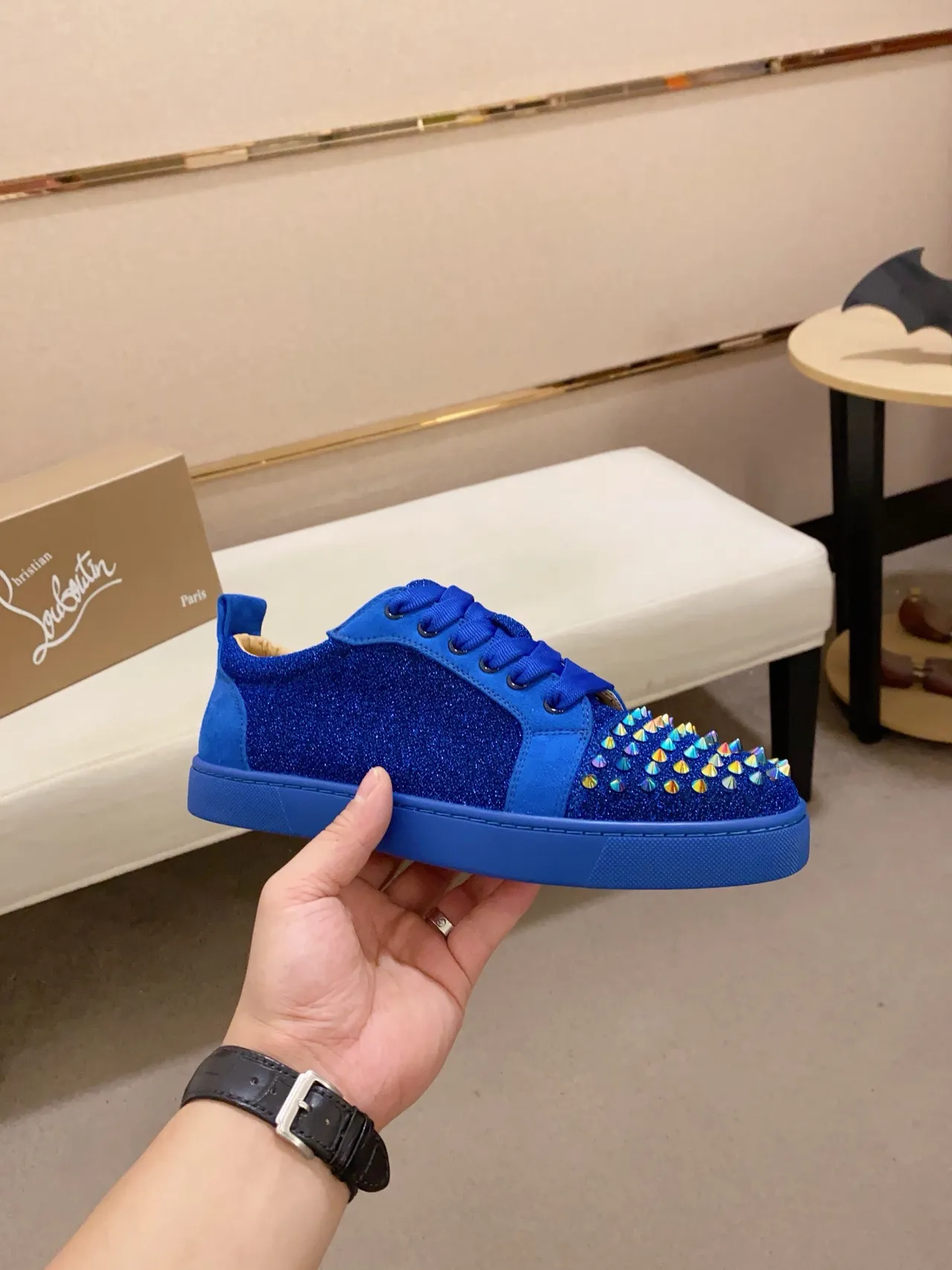 Christian Louboutin Blue Glitter Spike Low-Top Lifestyle Sneaker