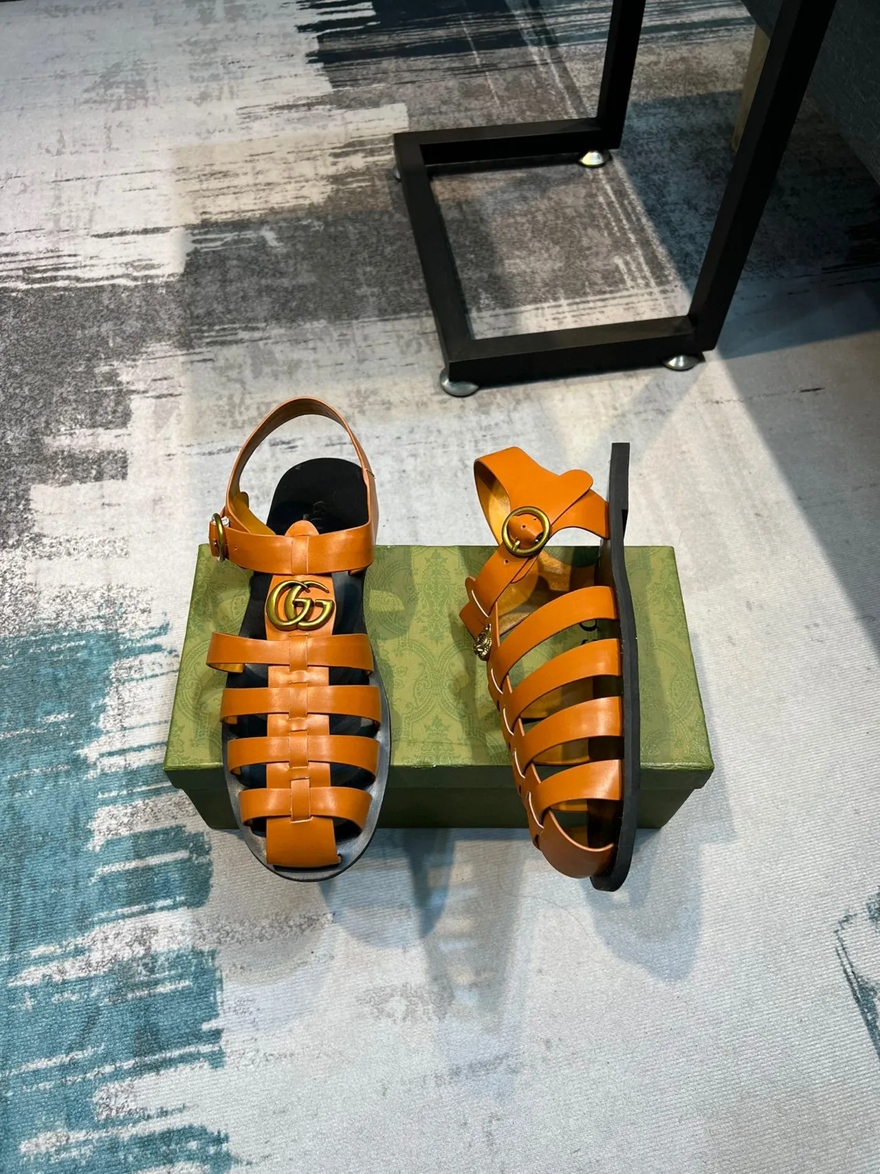 Gucci Orange Black Woven Leather Straps Tiger-Head Medallion Gladiator Sandals