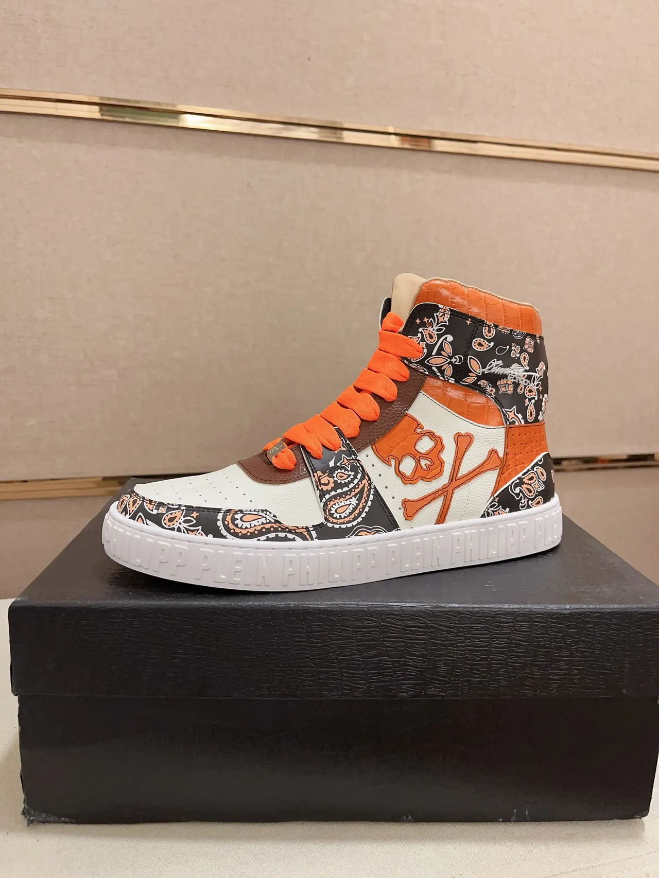 Philipp Plein White Orange High-Top Paisley-Print Lifestyle Sneakers