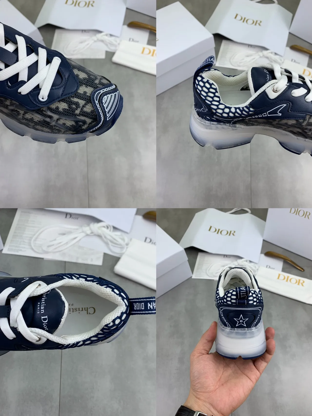 Dior Navy White Transparent Sole Monogrammed Mesh Upper Chunky Sneakers