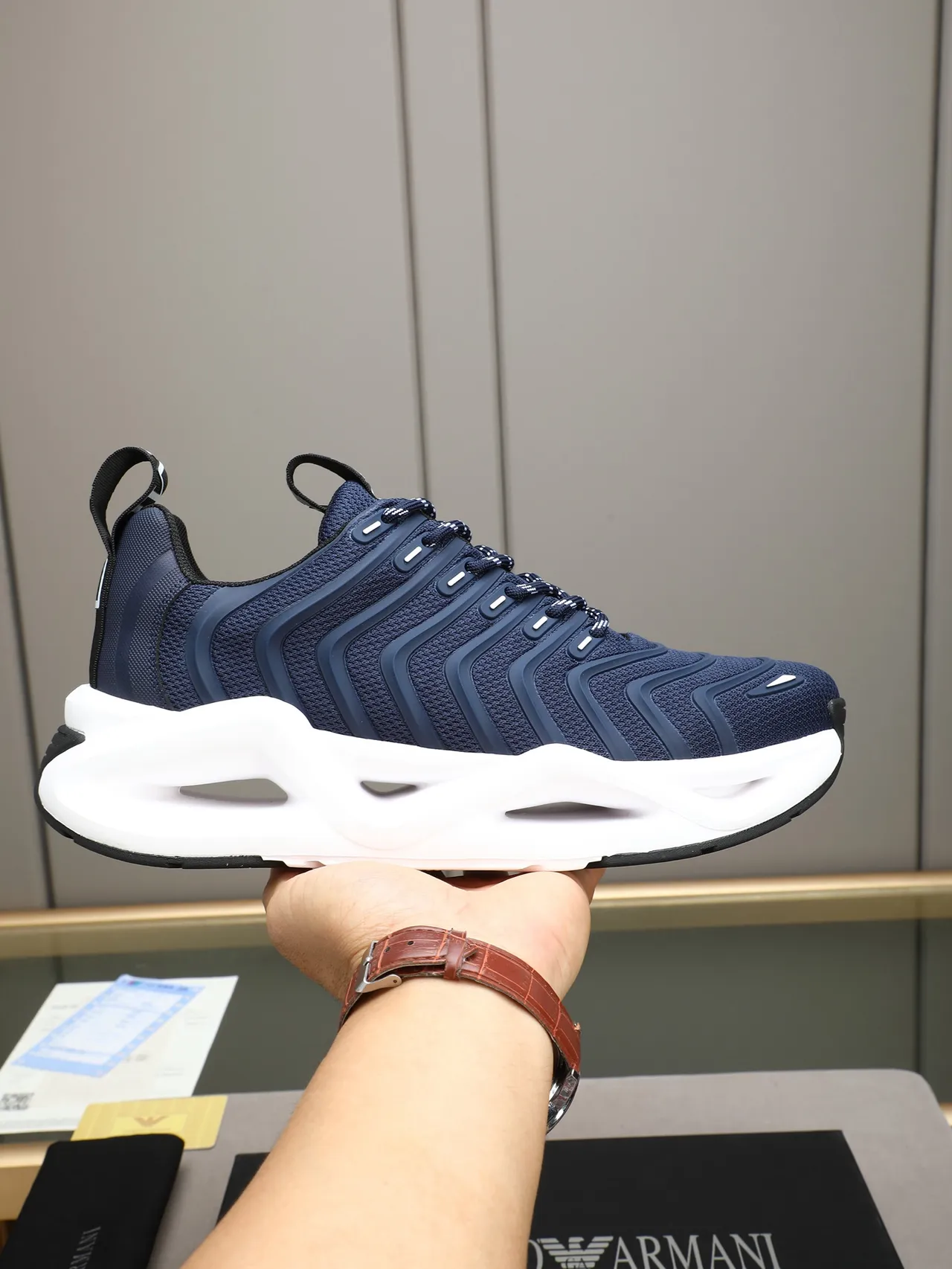 Giorgio Armani Navy Mesh and Synthetic Overlay Lifestyle Sneaker