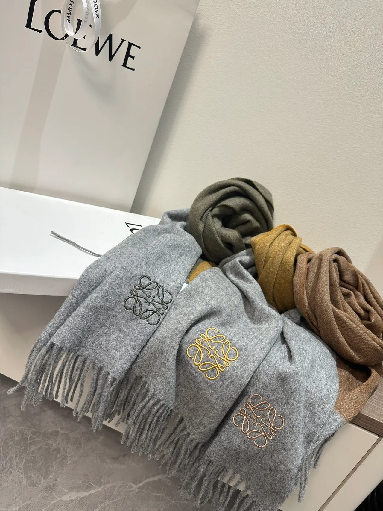 Loewe Anagram Embroidered Gray Cashmere Scarf