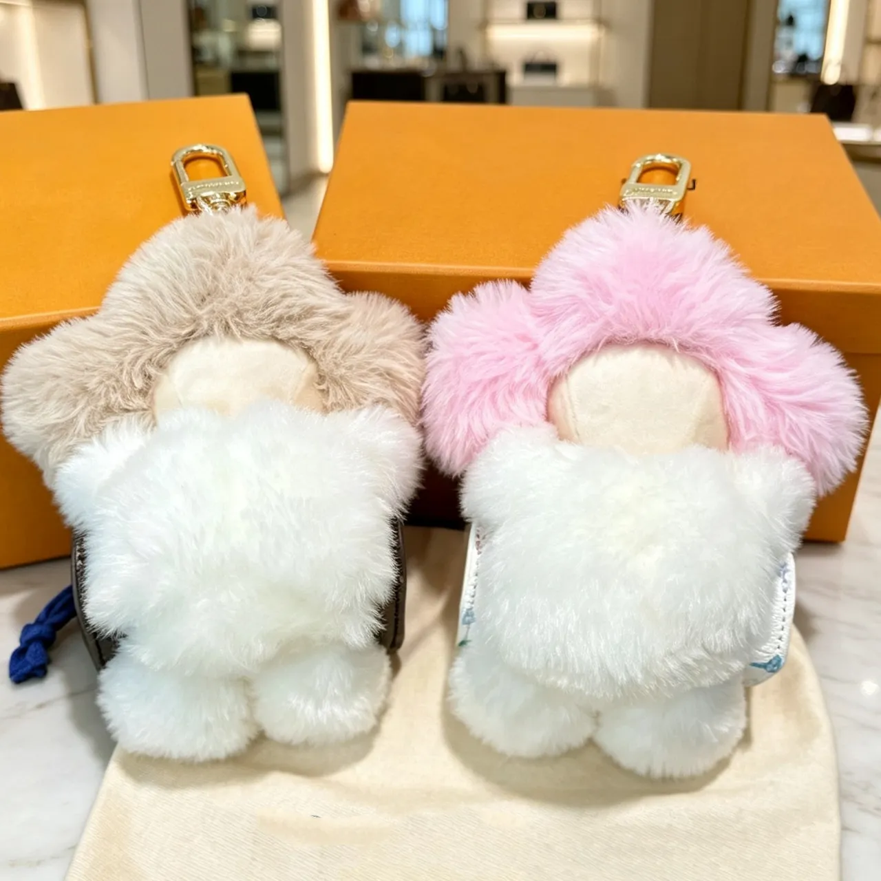 Louis Vuitton Vivienne Pink Beige Floral Plush Charm Faux Fur Trim Handbag