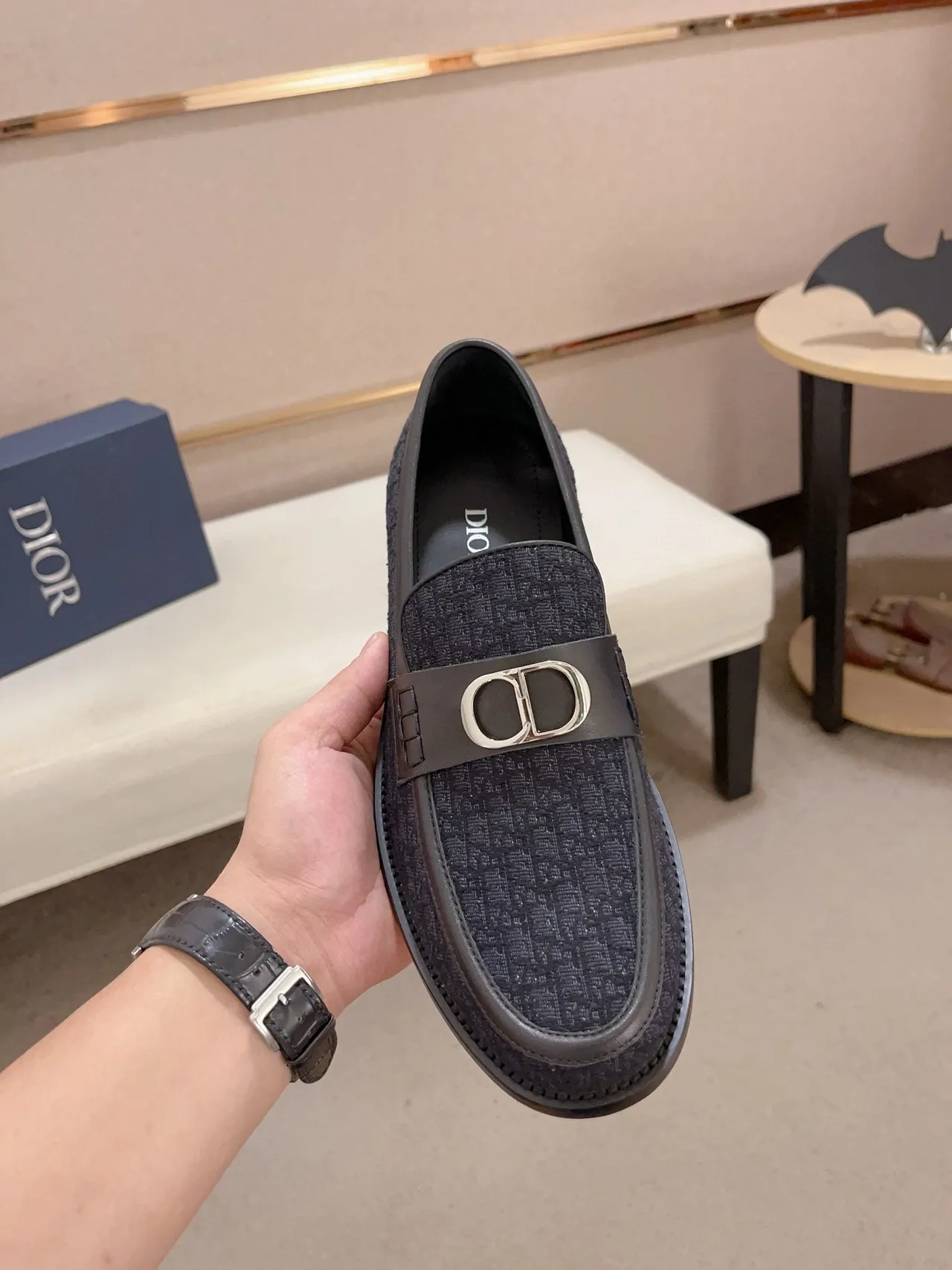 Navy Black Textured Monogrammed Fabric Upper Leather Trim Loafer