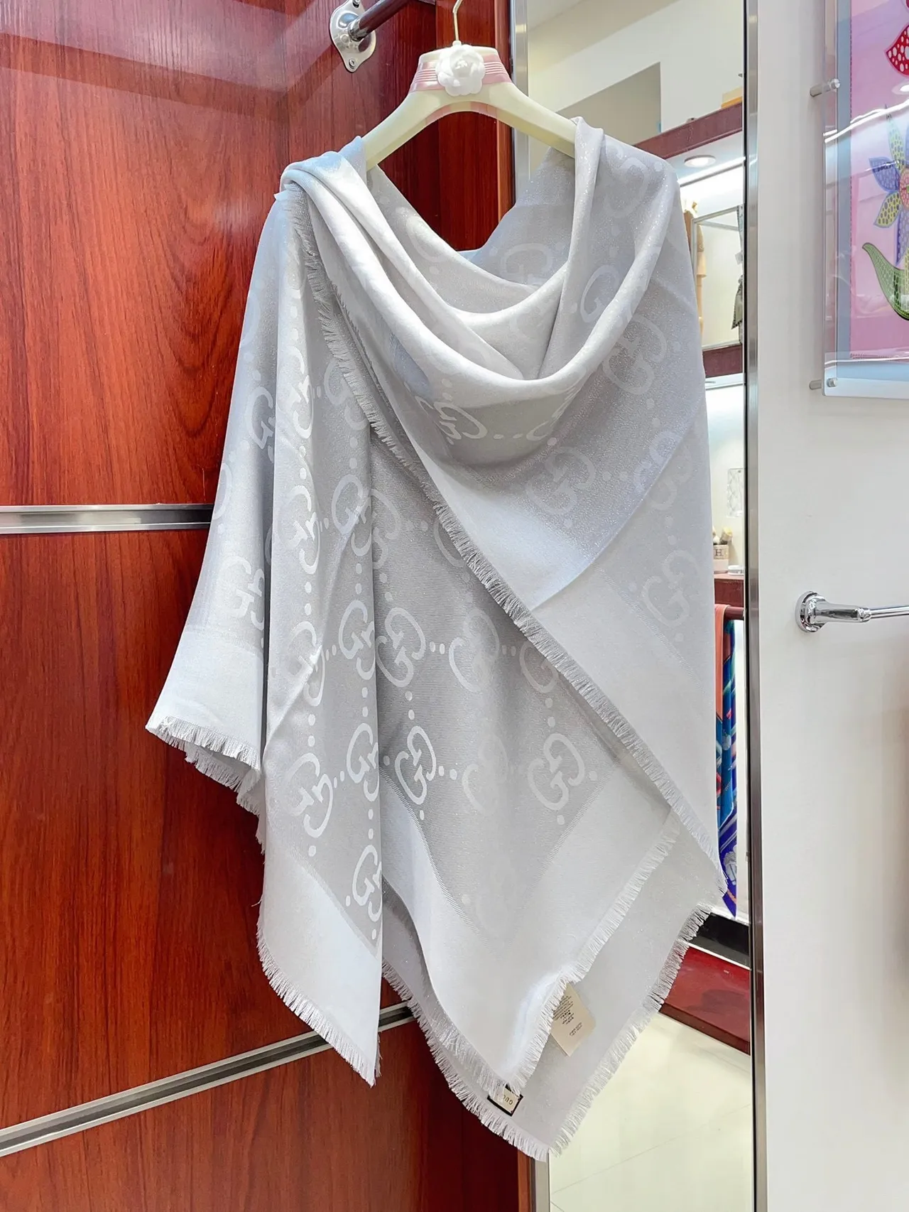 Gucci Monogram-Printed Light Gray Silk Scarf
