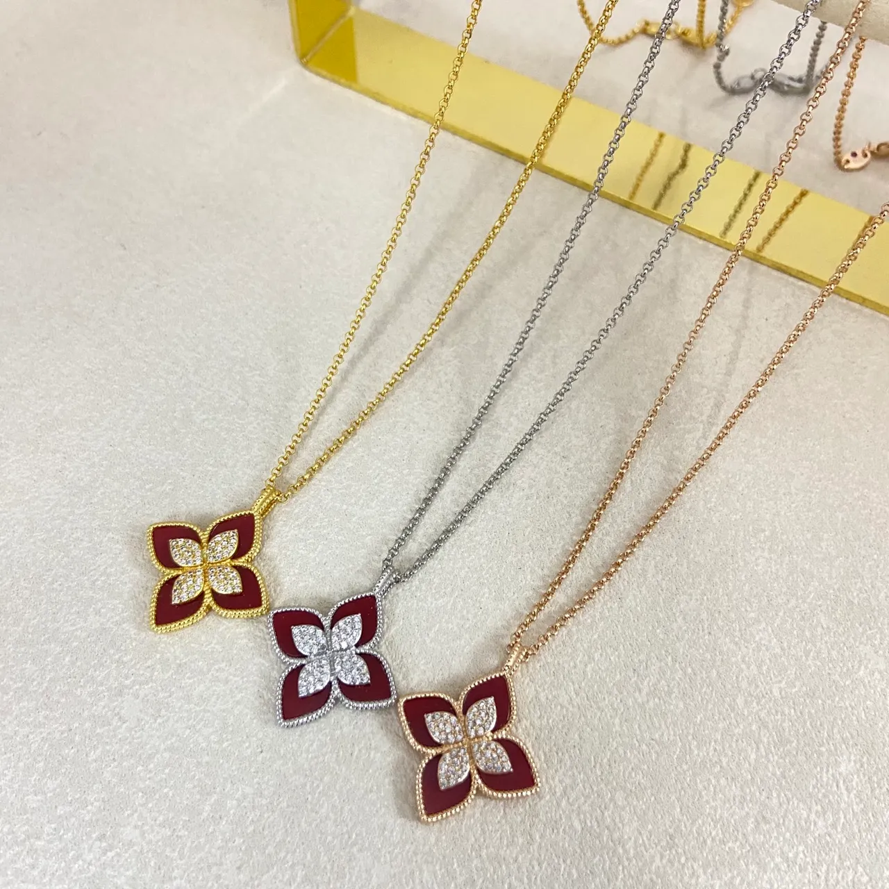 Floral Quatrefoil Enamel and Crystal Pendant Necklaces