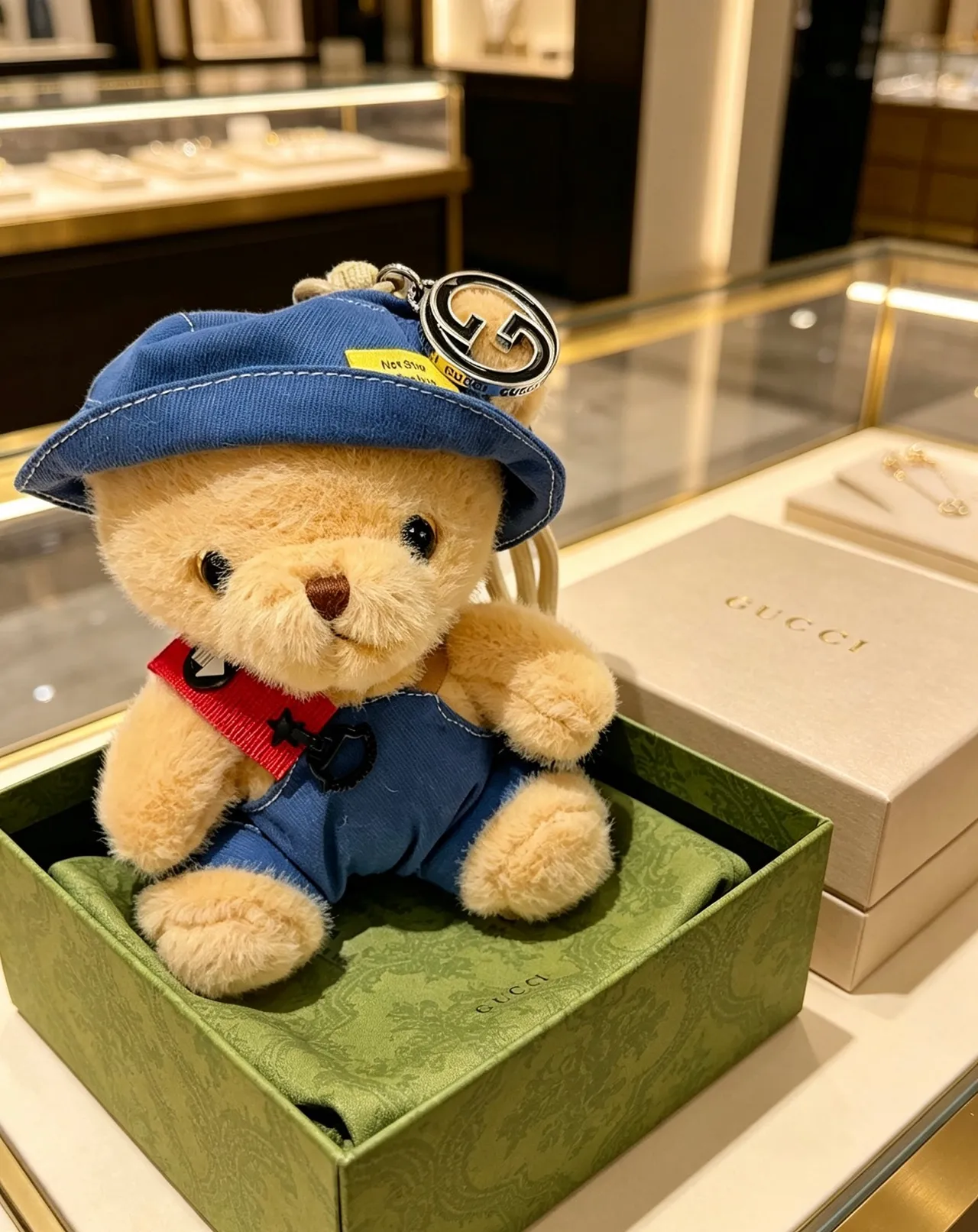 Gucci Beige Blue Plush Teddy Bear Denim-Style Hat And Overalls Handbag