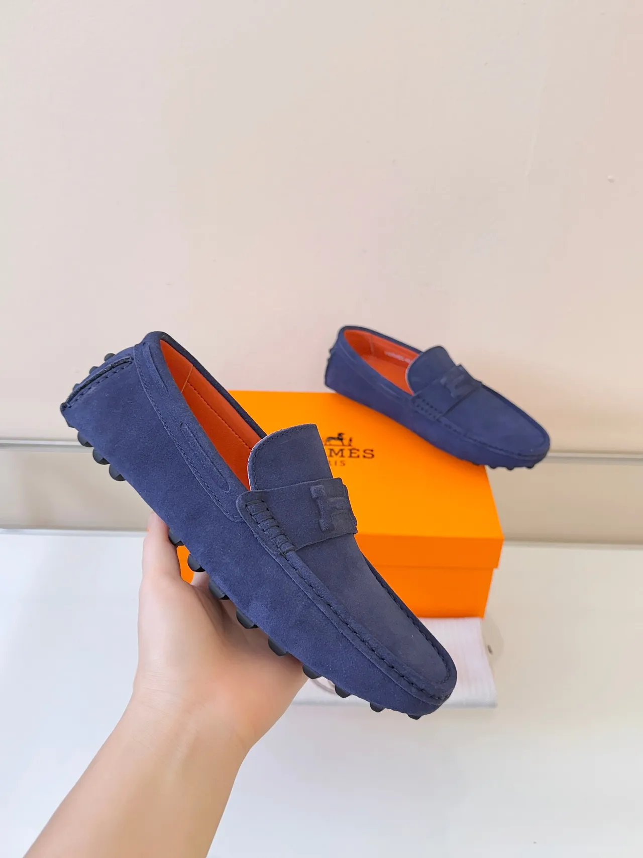 Hermès H-Strap Loafer Navy Orange Suede Upper Detail Loafer