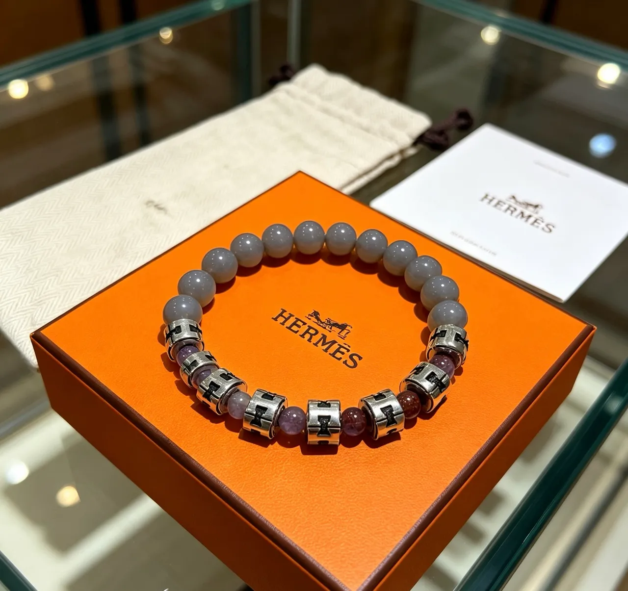 Hermès H-Spacer Gray Purple Beaded Bracelet
