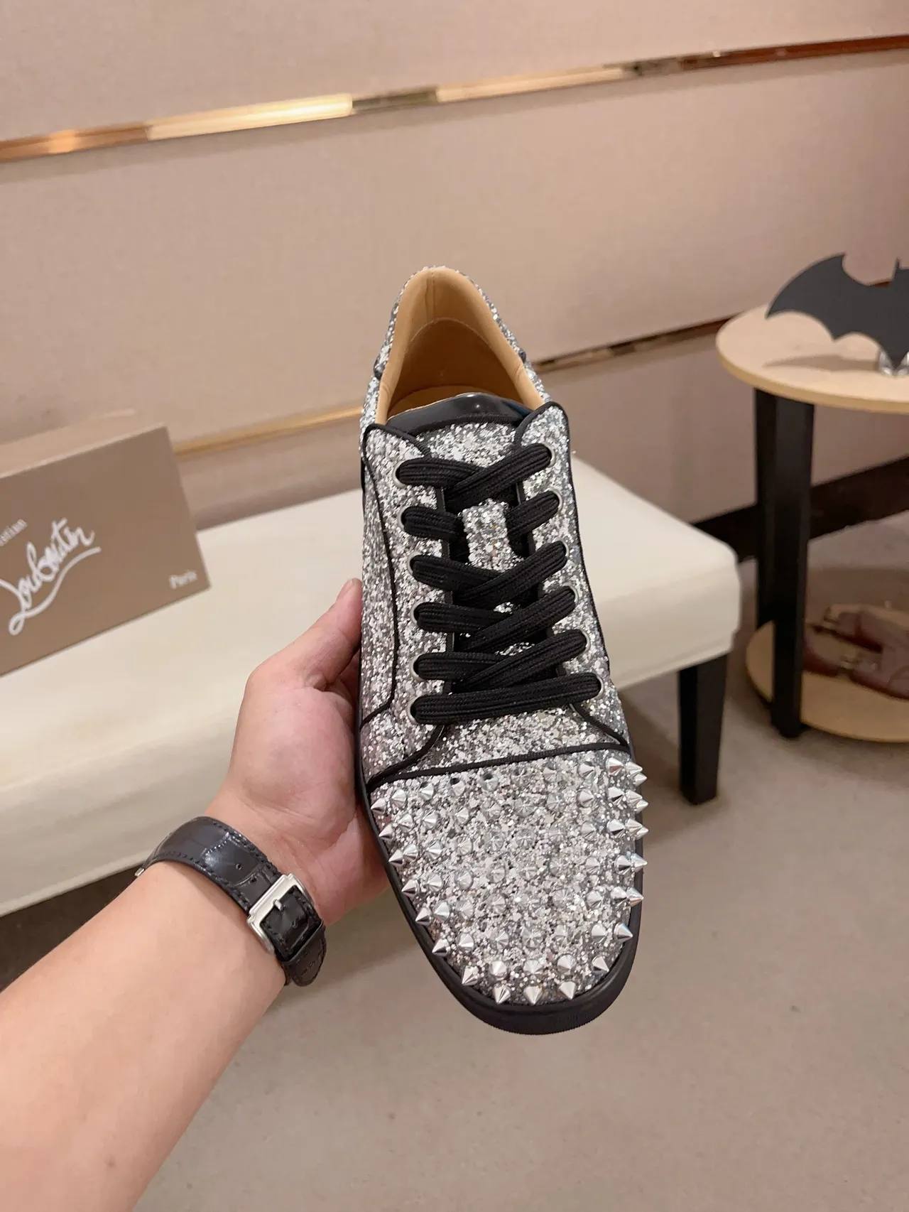 Christian Louboutin Silver Black Glitter Upper Studded Toe Cap Lifestyle Sneakers