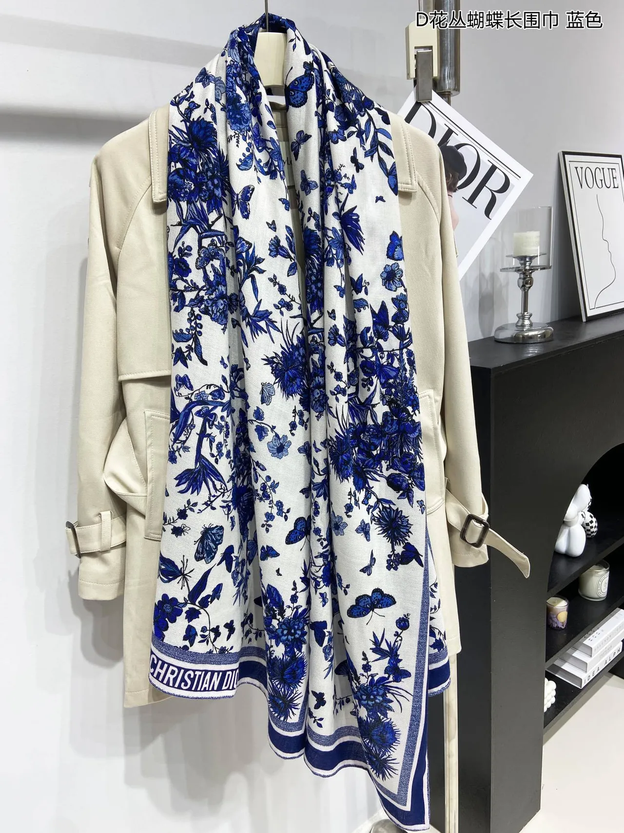 Dior Floral Butterfly Blue and White Silk Scarf