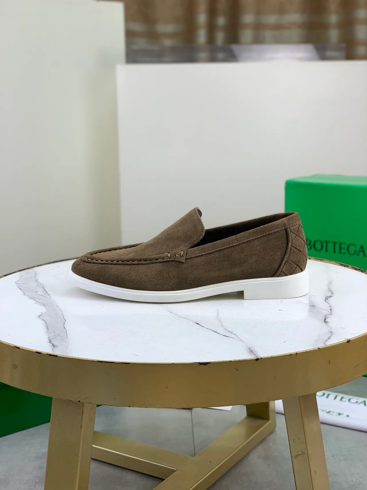 Bottega Veneta Brown White Suede Upper Moc-Toe Stitching Loafer
