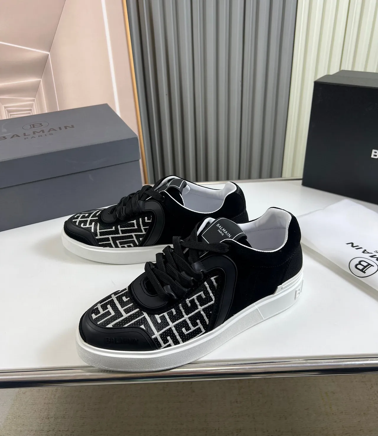 Balmain Le City Black White Monogrammed Side Panel Sculpted Overlays Lifestyle Sneakers