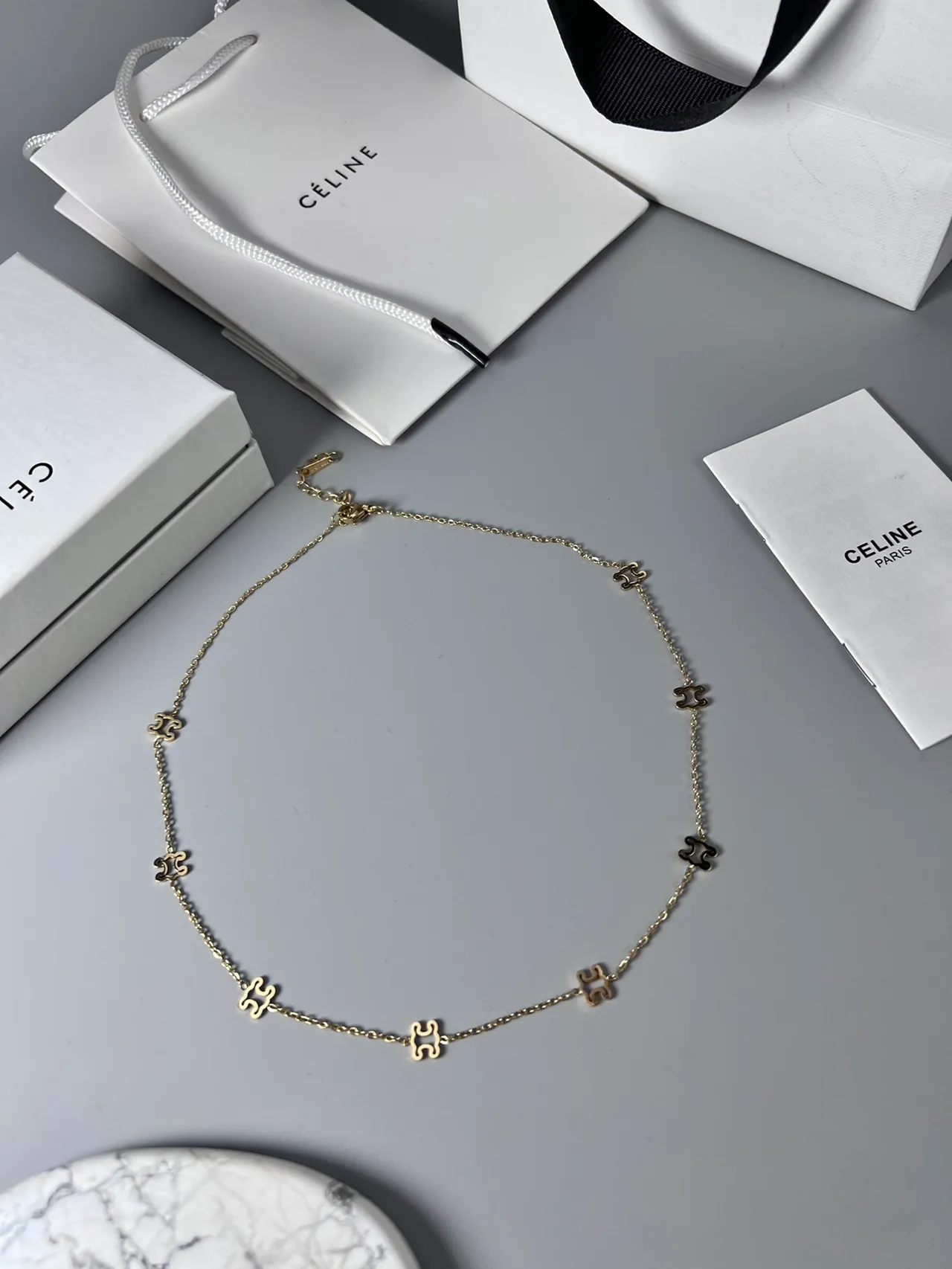Celine Triomphe Puzzle Motif Gold and Black Enamel Necklace