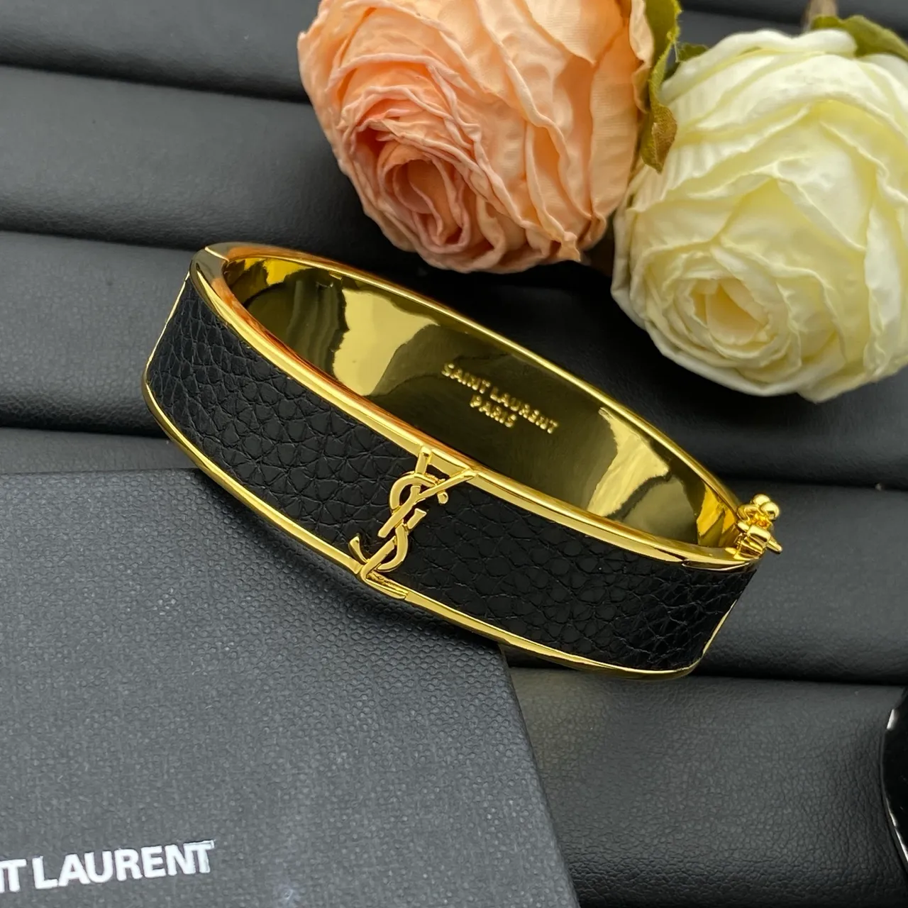 Saint Laurent Black Gold Monogrammed Leather-Inlay Bracelet