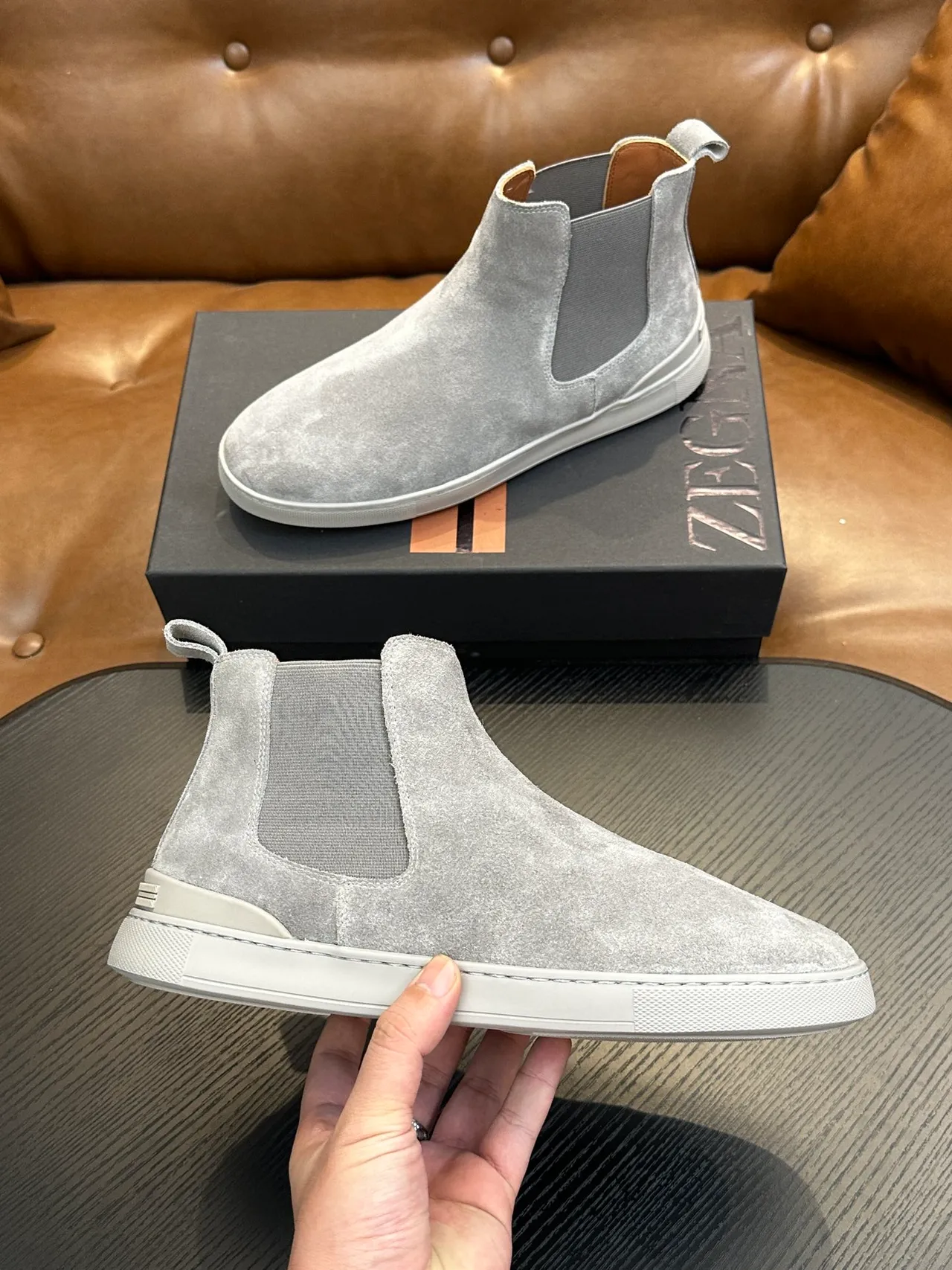 Zegna Gray Suede Chelsea Boots