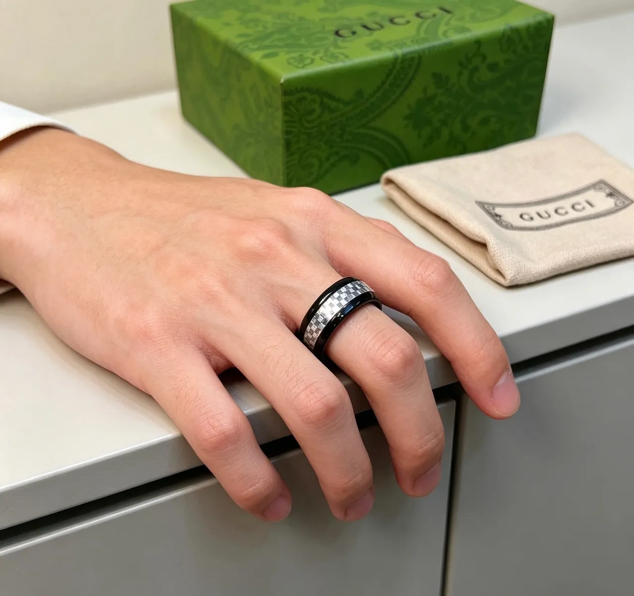 Gucci Mosaic Black Silver Ceramic Checkered Inlay Ring