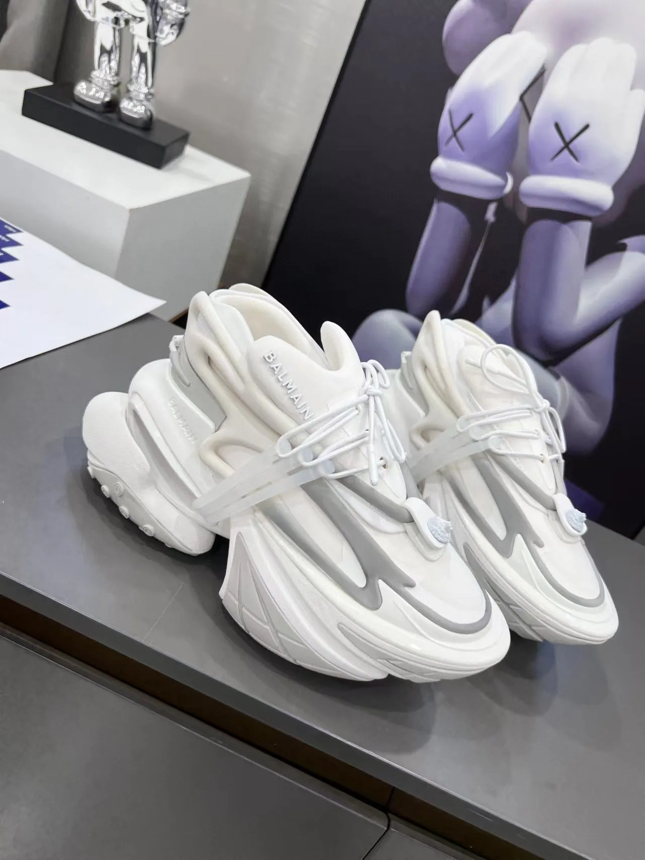 Balmain White Gray Sculpted Sole Asymmetrical Lacing Chunky Sneakers